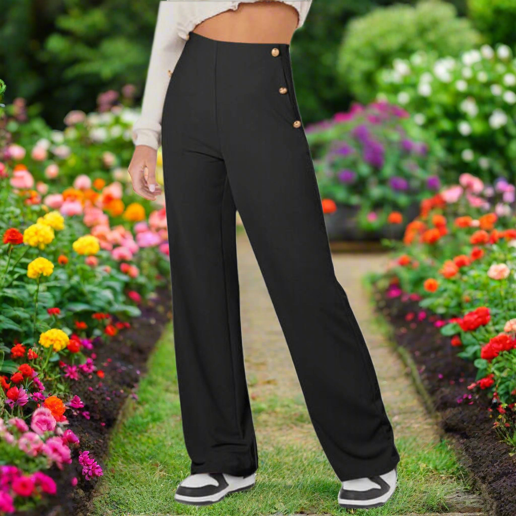 High Rise Trousers with Gold Button Accents
