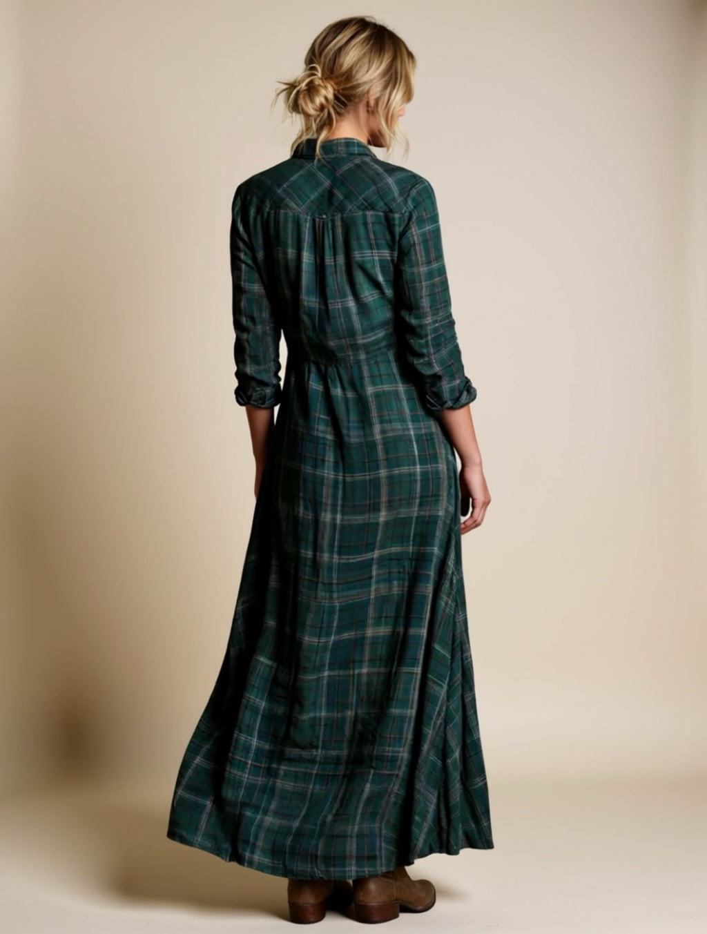 Plaid Button‑Down Maxi Shirt Dress