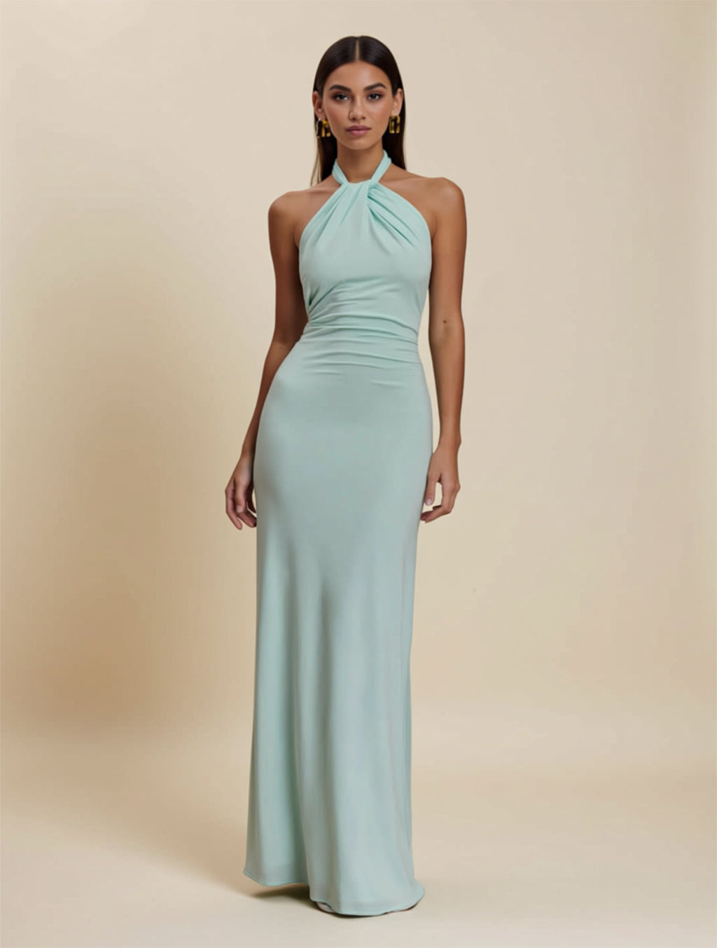 Elegant Halter Neck Long A‑Line Dress with