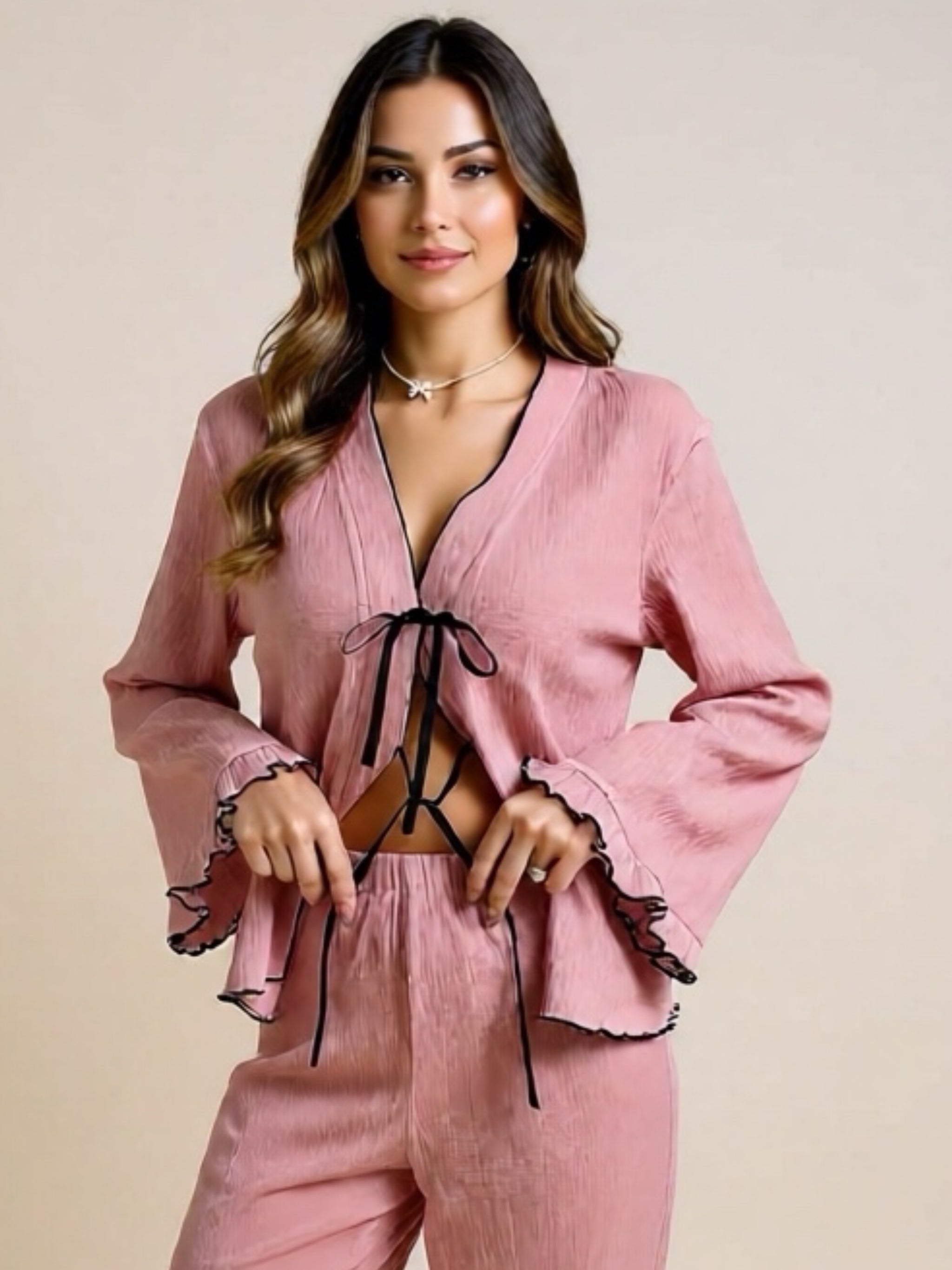 Contrast Trim Bow Tie Shirt & Pants Pajama Set