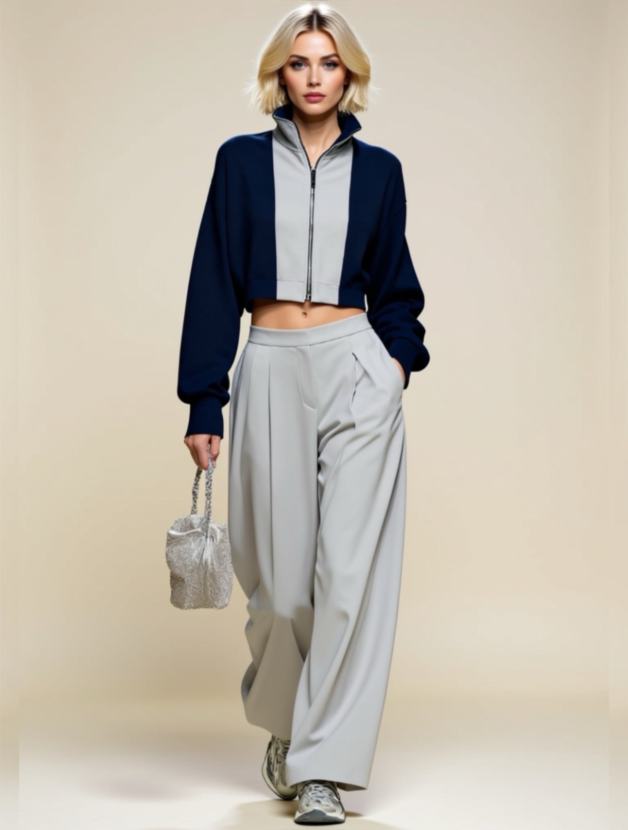 Colorblock Zip‑Up Crop Sweatshirt & Wide‑Leg Pant Set