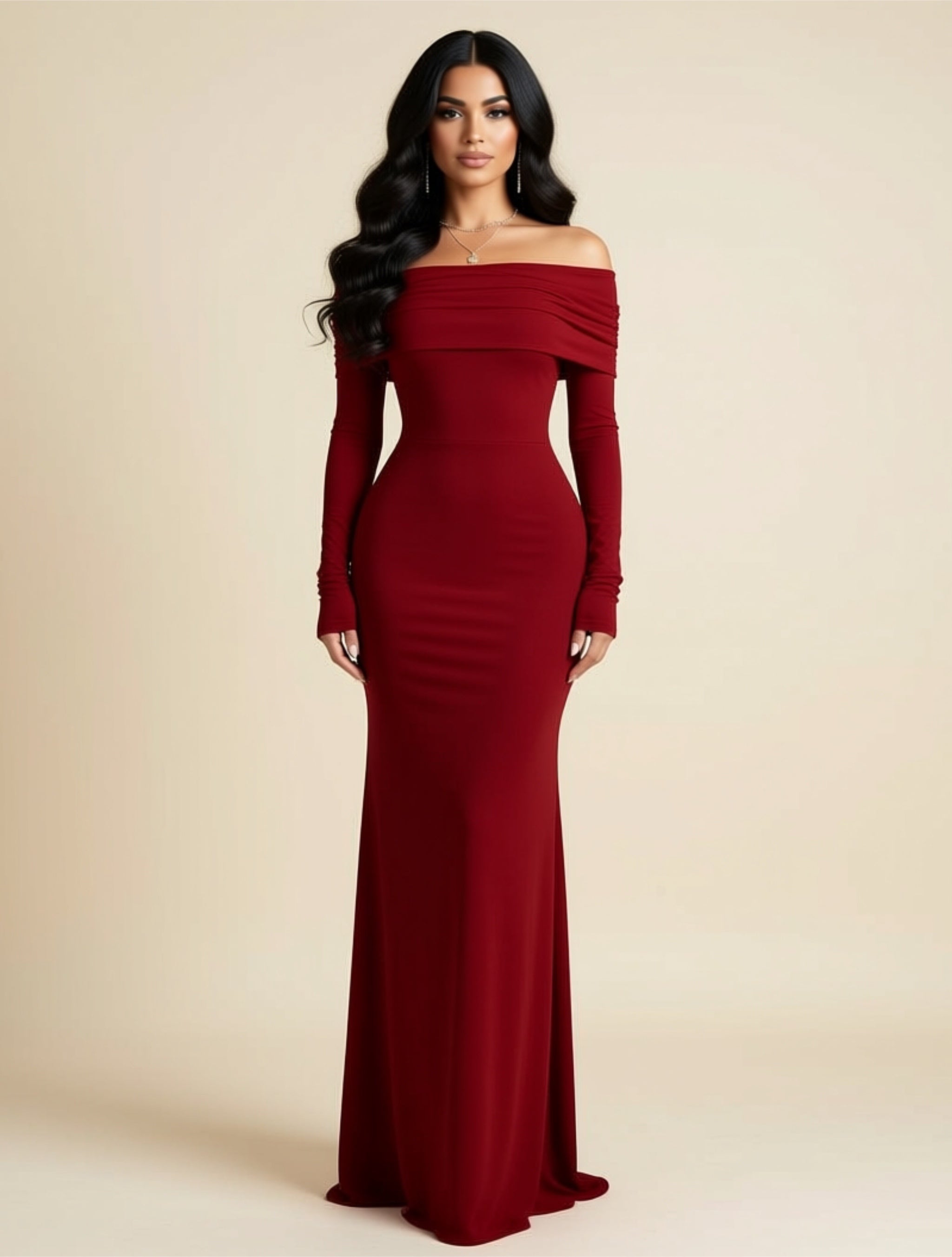 Elegant Off‑Shoulder Long Sleeve Maxi Evening Dress