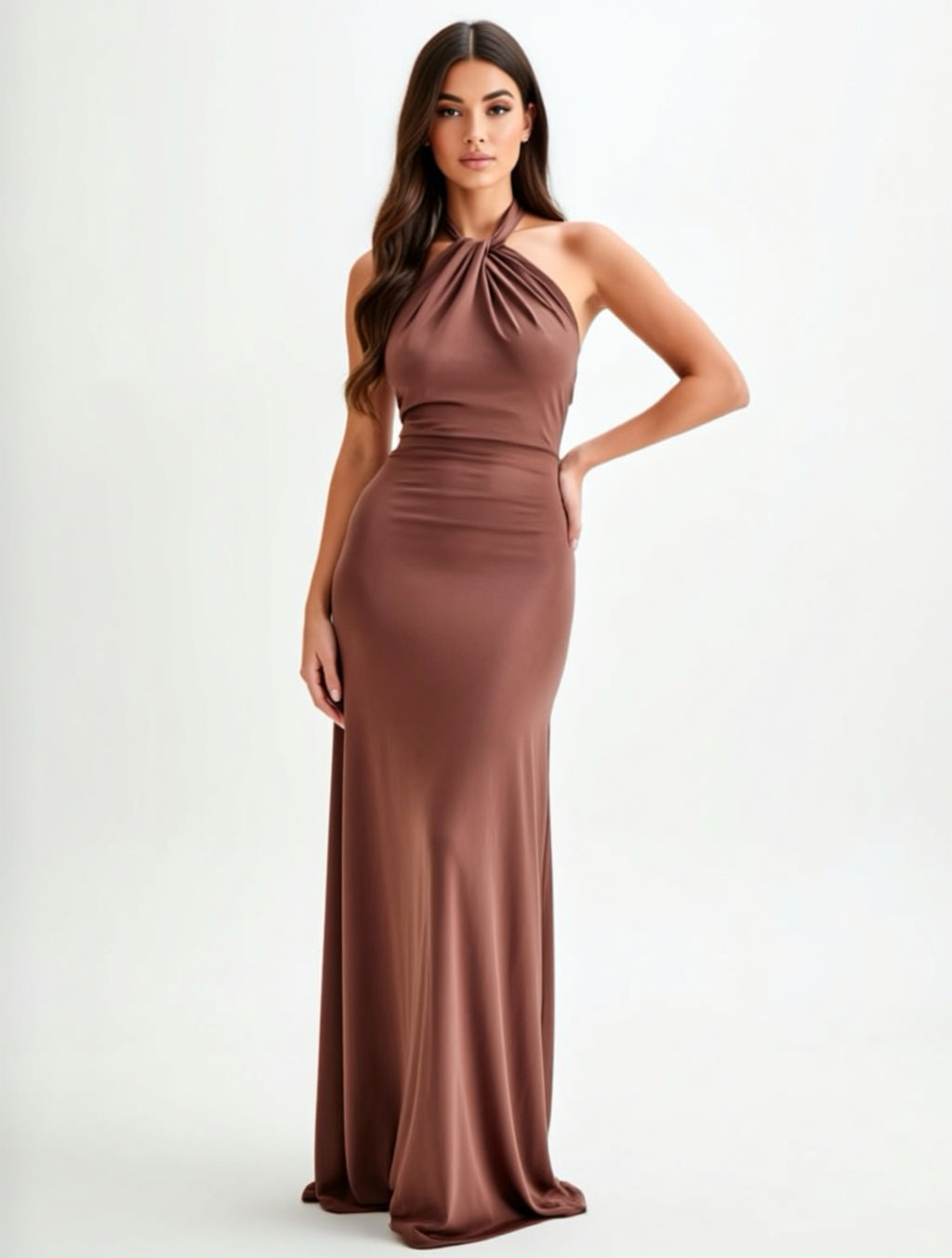 Elegant Halter Neck Long A‑Line Dress with
