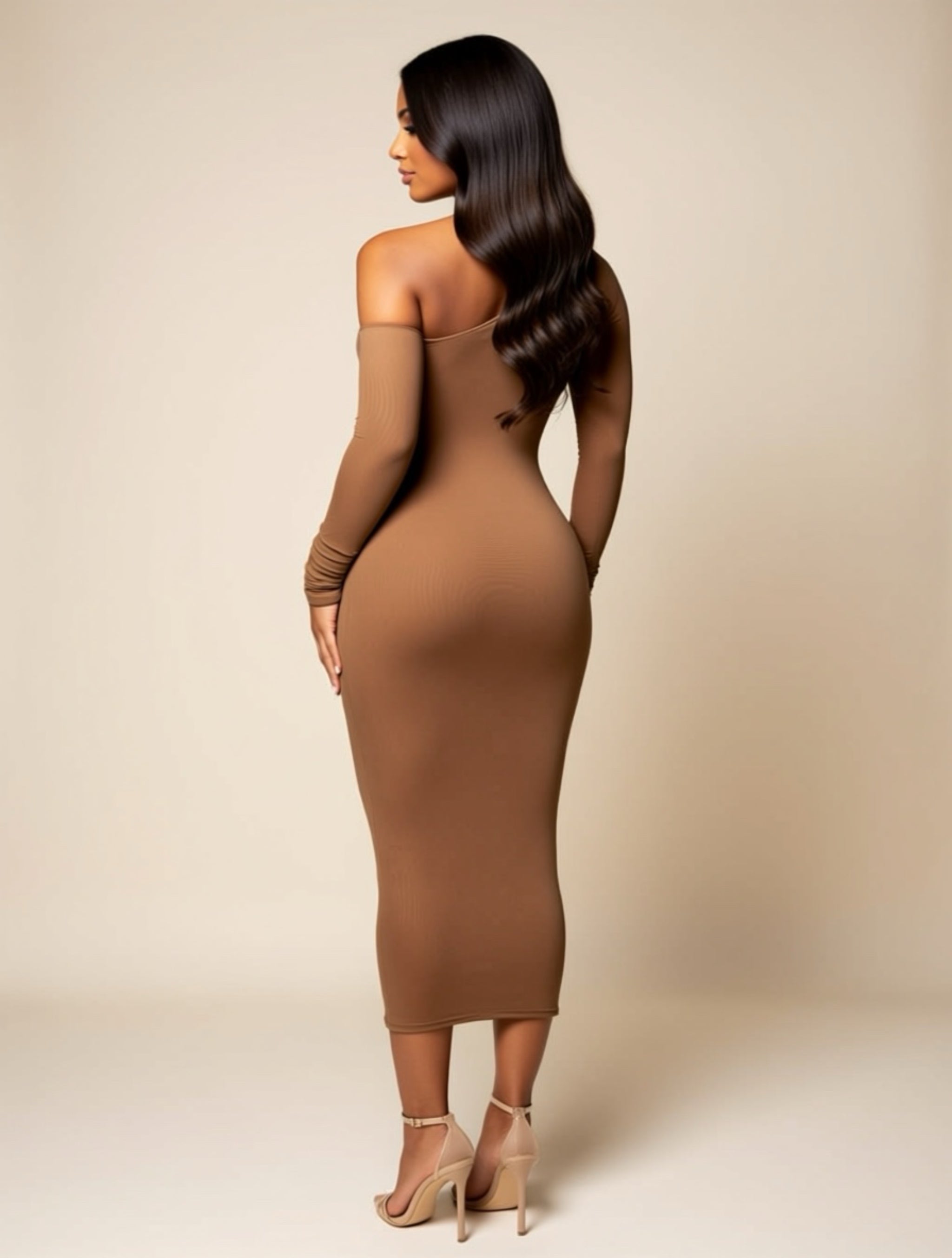 One‑Shoulder Ruched Mesh Bodycon Midi Dress