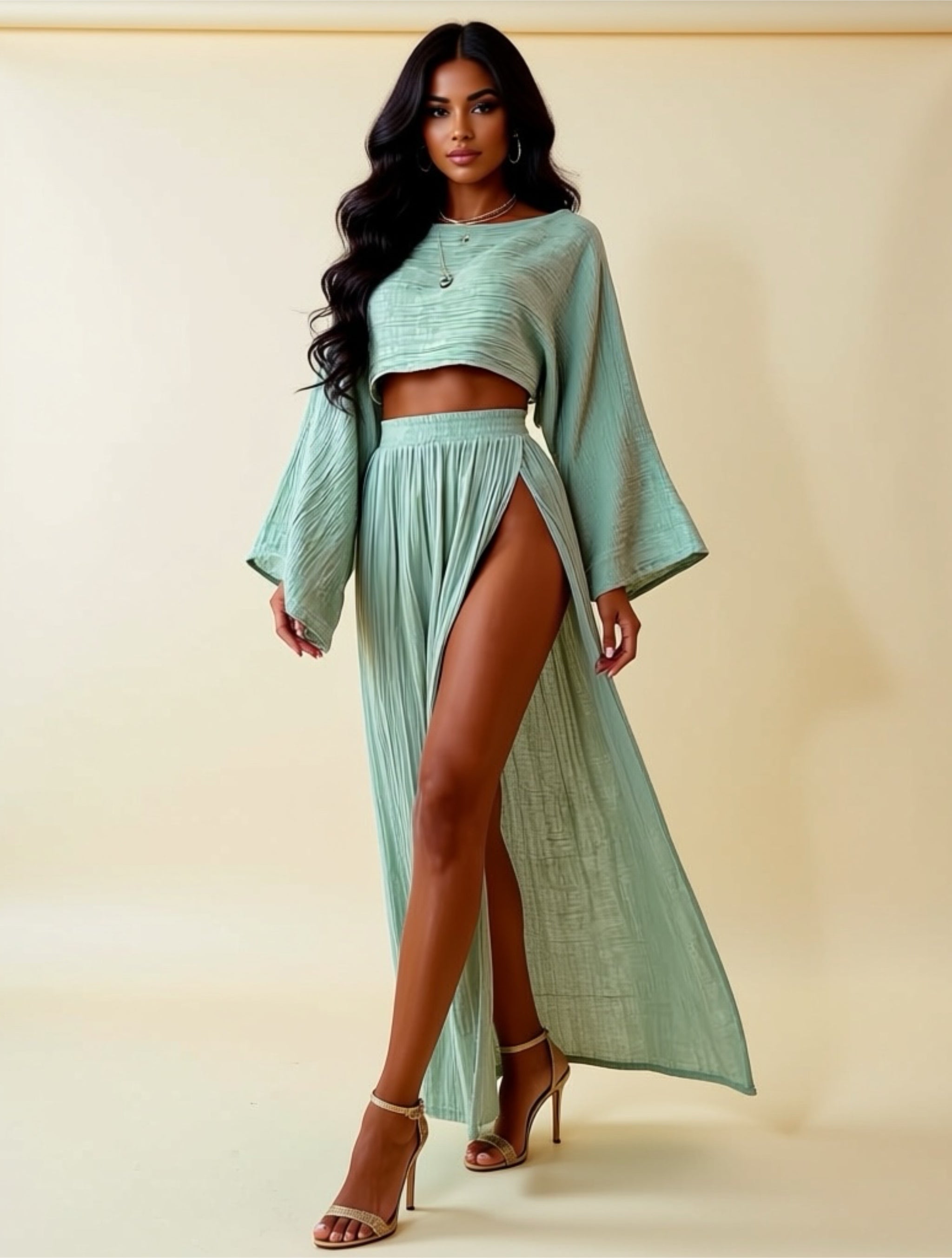 Cotton‑Linen Two‑Piece Double Slit Skirt Set