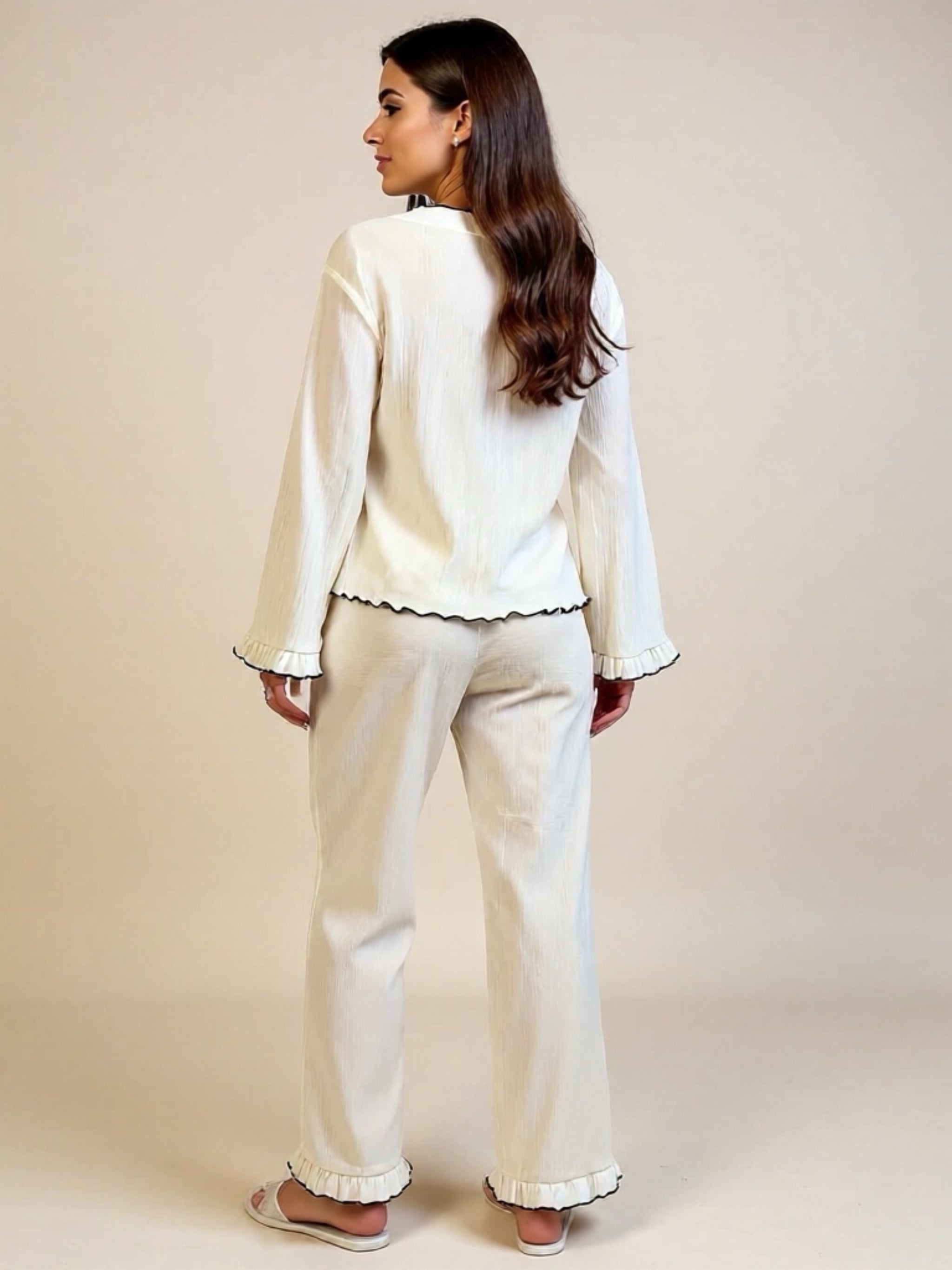 Contrast Trim Bow Tie Shirt & Pants Pajama Set