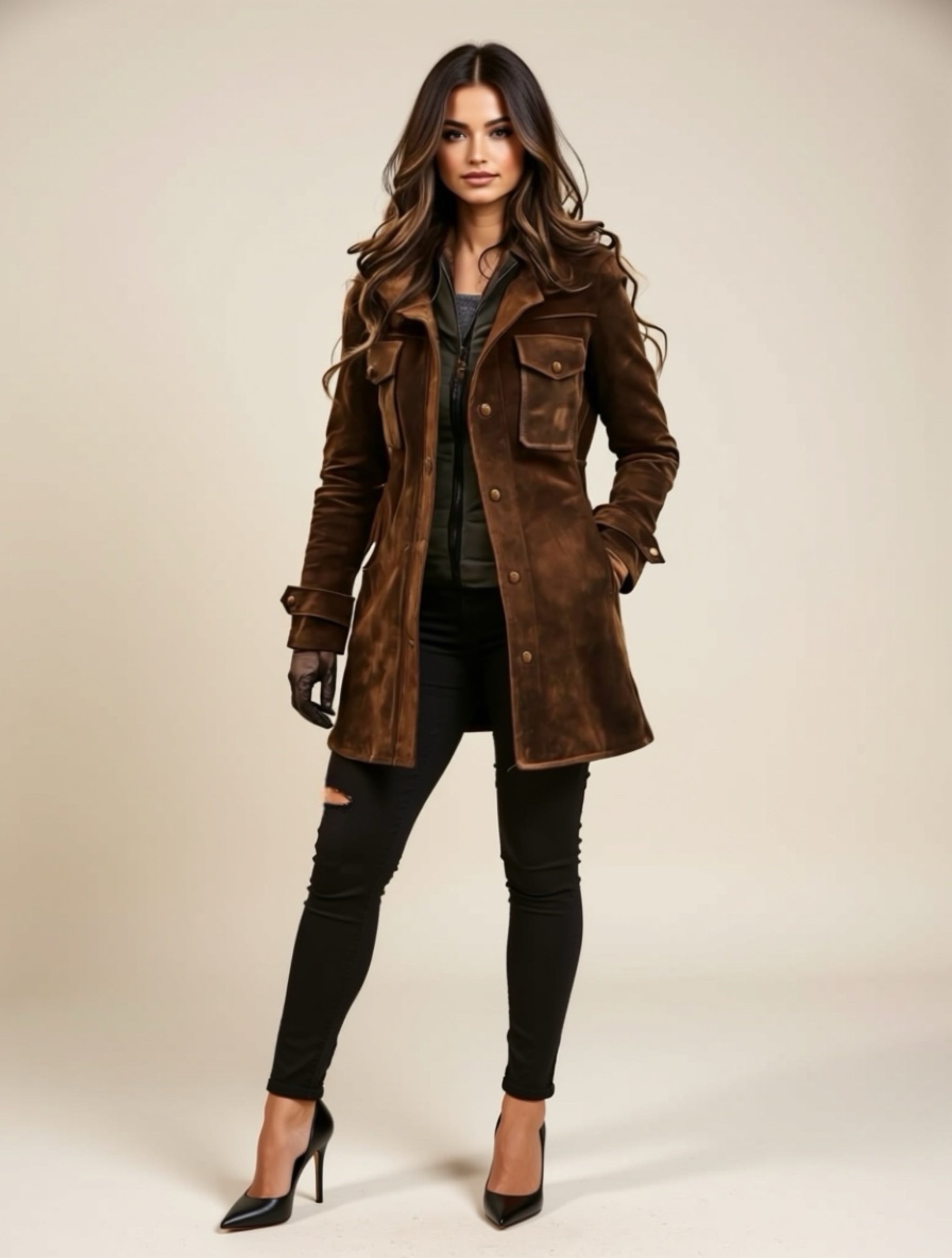 Vintage Brown Button‑Down Long Coat