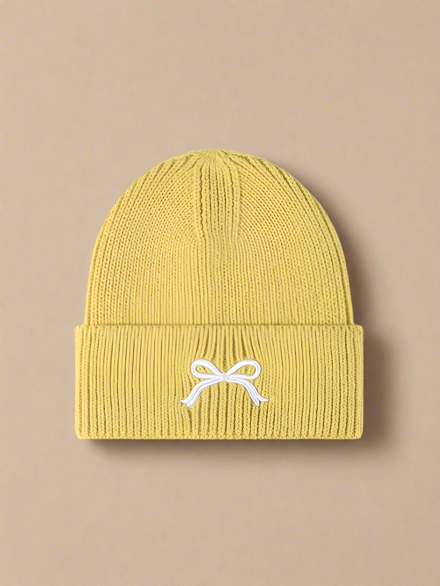 Embroidered Bow Knit Beanie