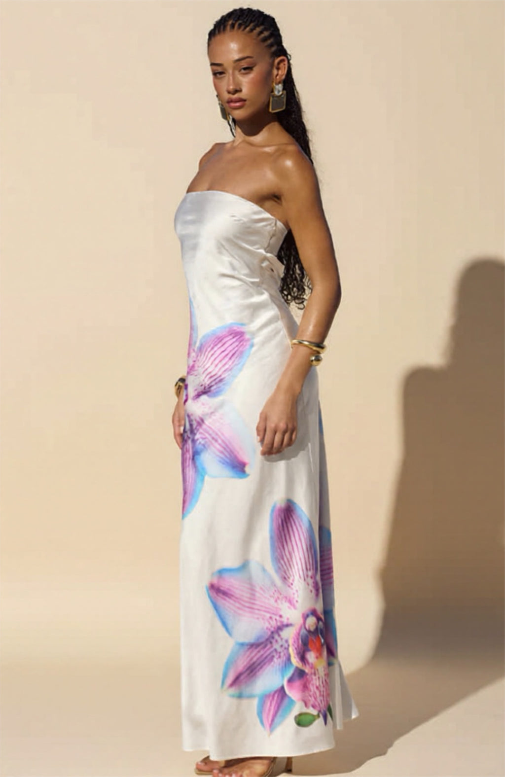 Strapless Satin Maxi Dress with Oversized Floral Print
