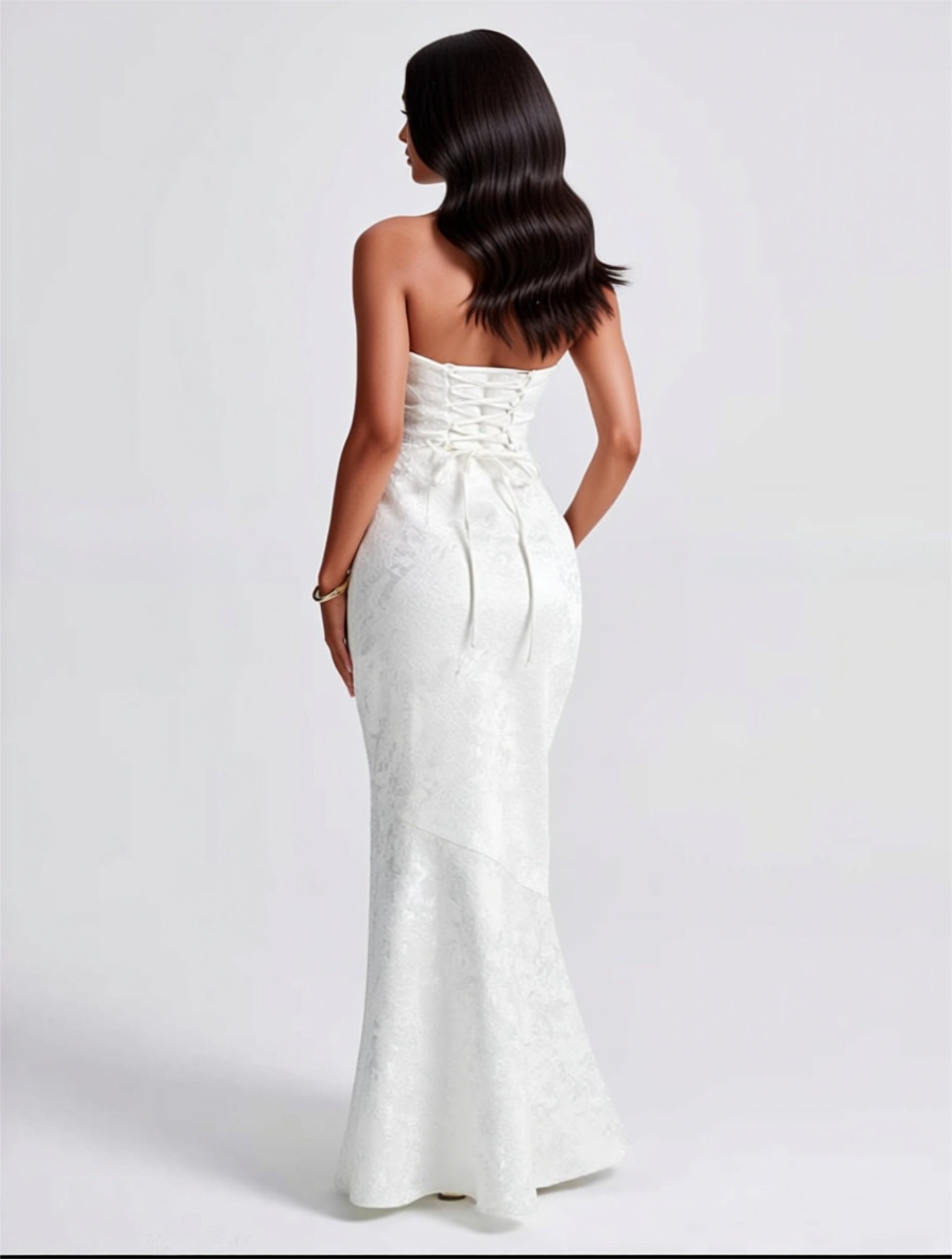 Strapless Jacquard Mermaid Evening Gown with Oversized Back Bow