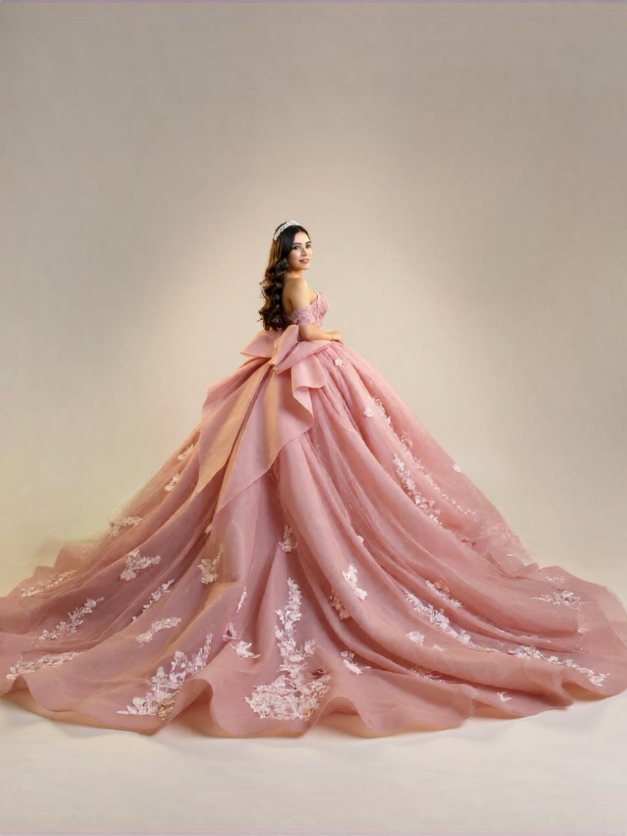 Pink Quinceanera Ball Gown with Lace Flowers & Beading