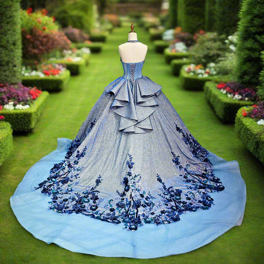 Blue Floral Quinceanera Ball Gown