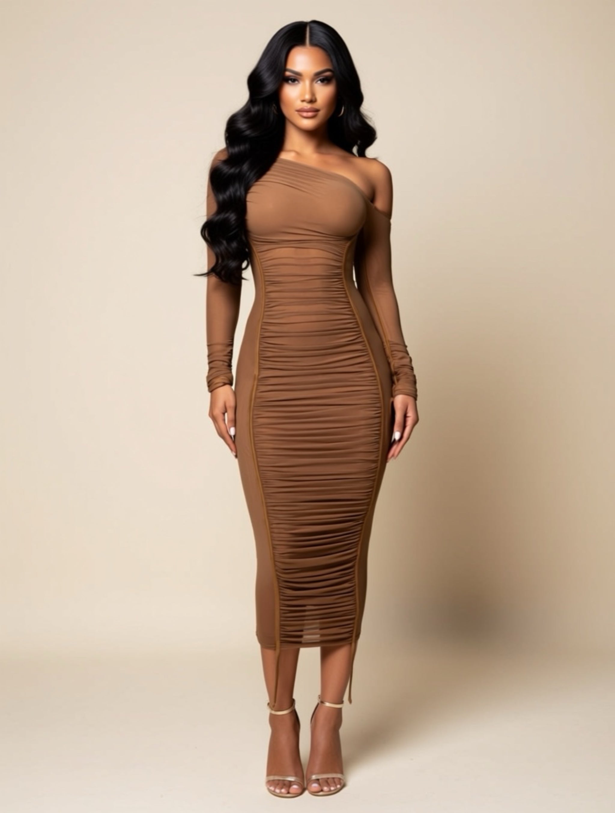 One‑Shoulder Ruched Mesh Bodycon Midi Dress
