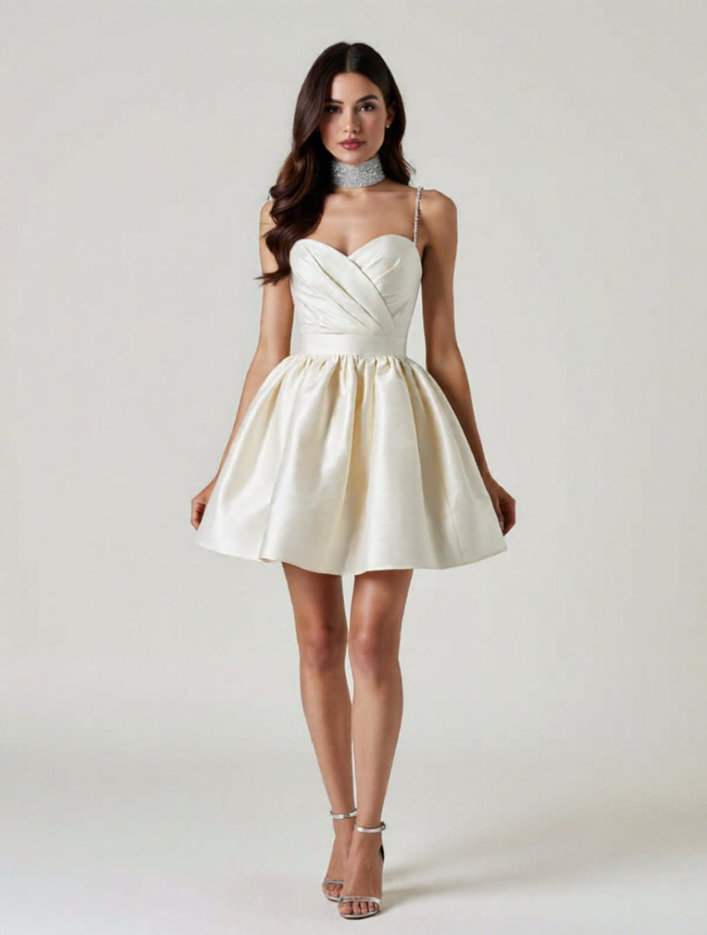 Pleated Satin Mini Dress with Rhinestone Straps