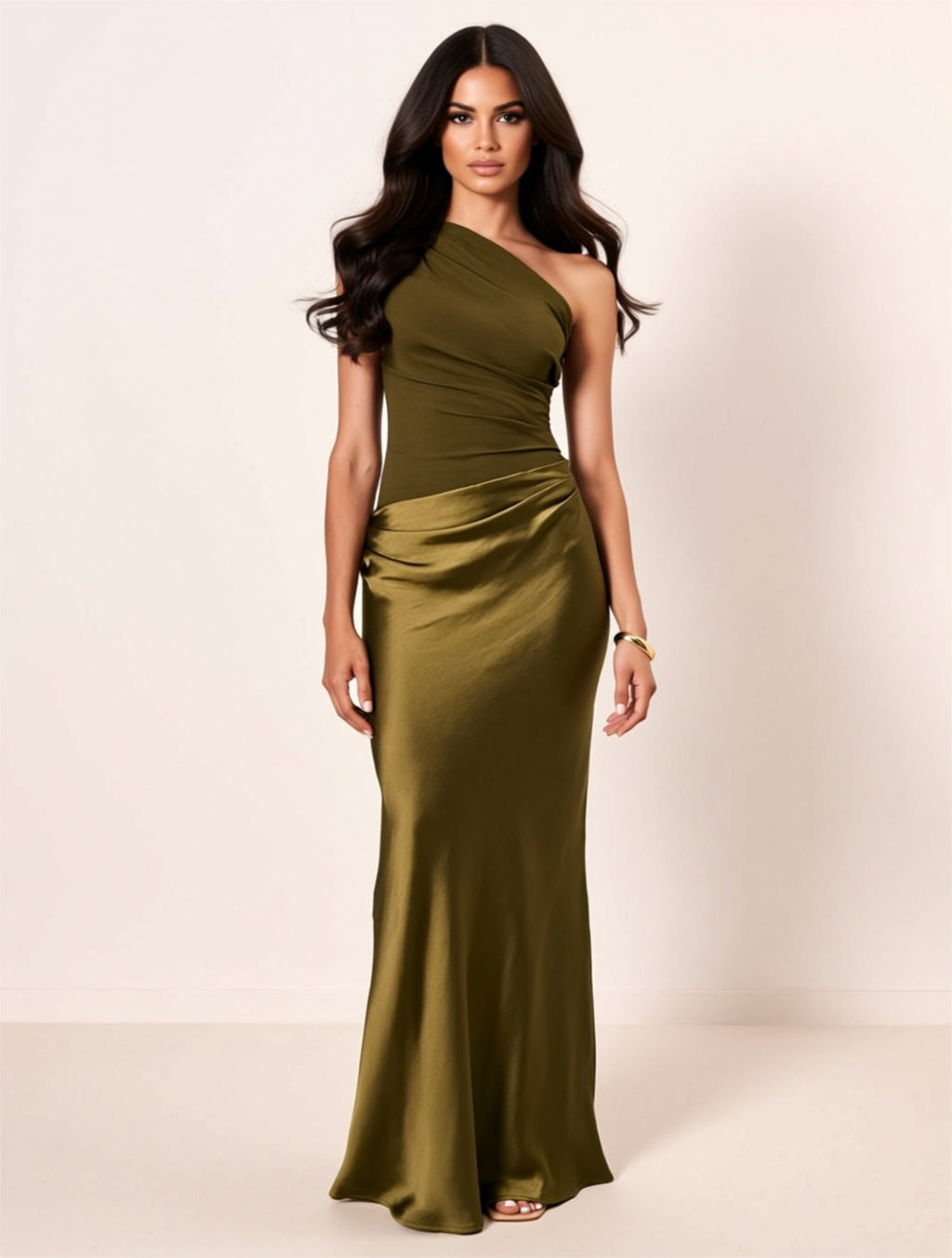 One‑Shoulder Satin Maxi Evening Gown