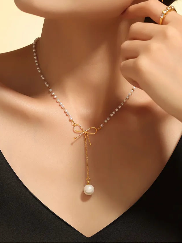Stainless Steel Bow Pendant Necklace with Pearls