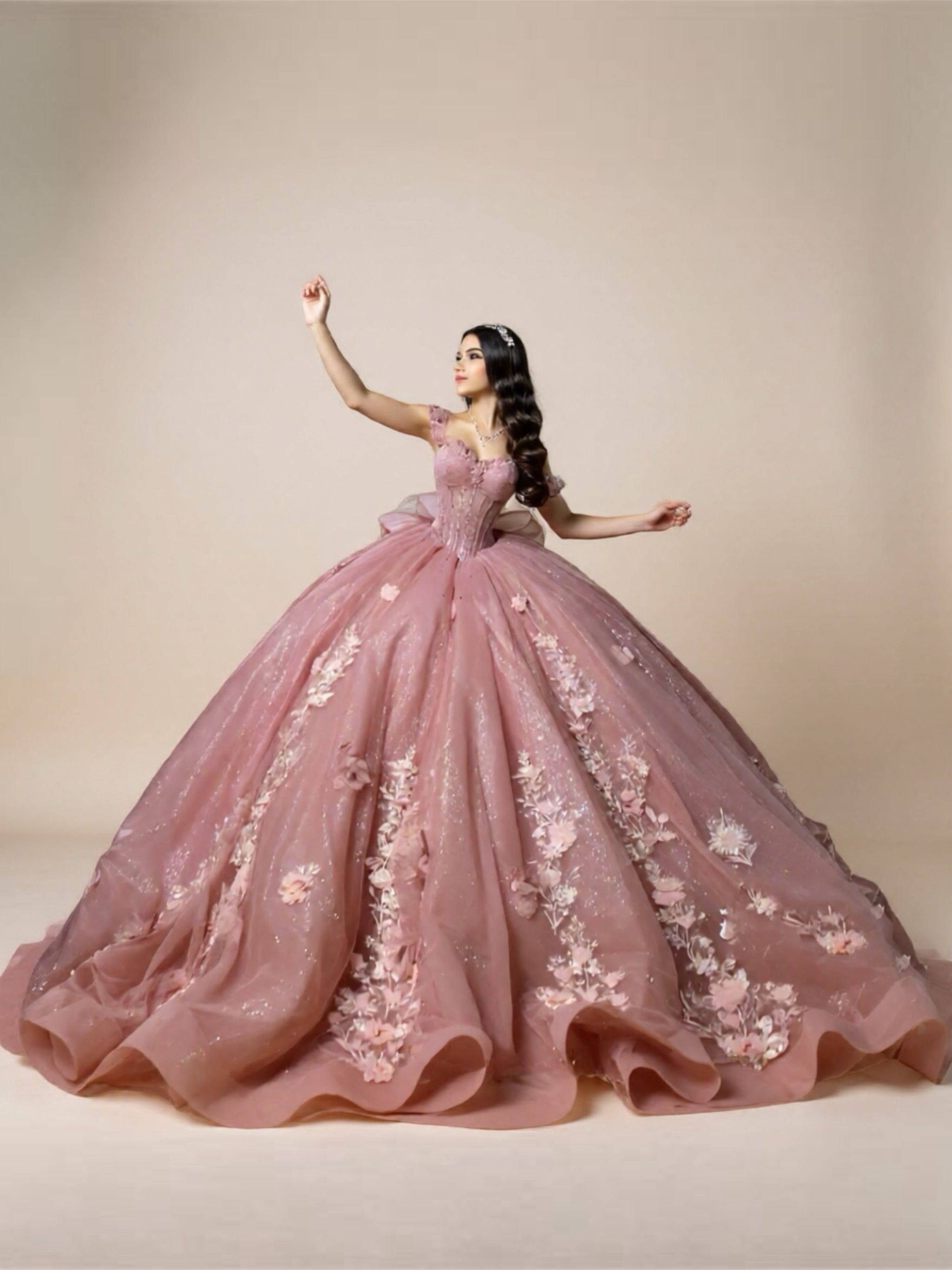 Pink Quinceanera Ball Gown with Lace Flowers & Beading