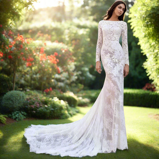 Lace Long Sleeve Backless Mermaid Wedding Dress
