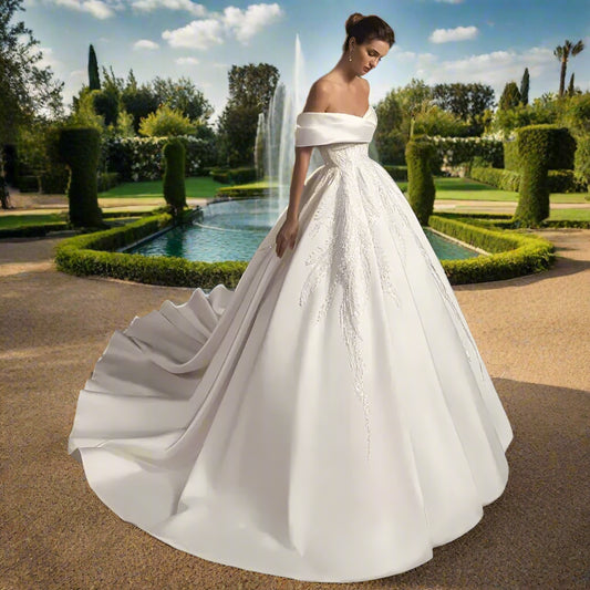 Satin Beaded Off The Shoulder A-Line Wedding Dress