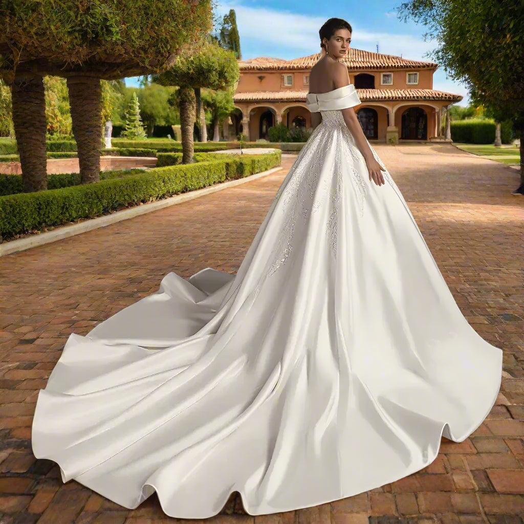 Satin Beaded Off The Shoulder A-Line Wedding Dress