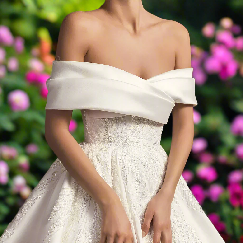 Satin Beaded Off The Shoulder A-Line Wedding Dress