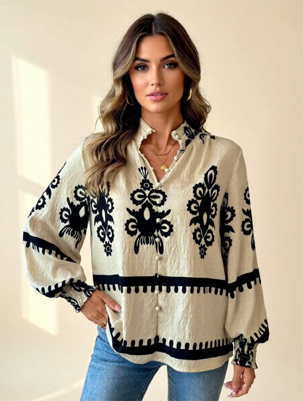 Printed Lantern Sleeve Blouse