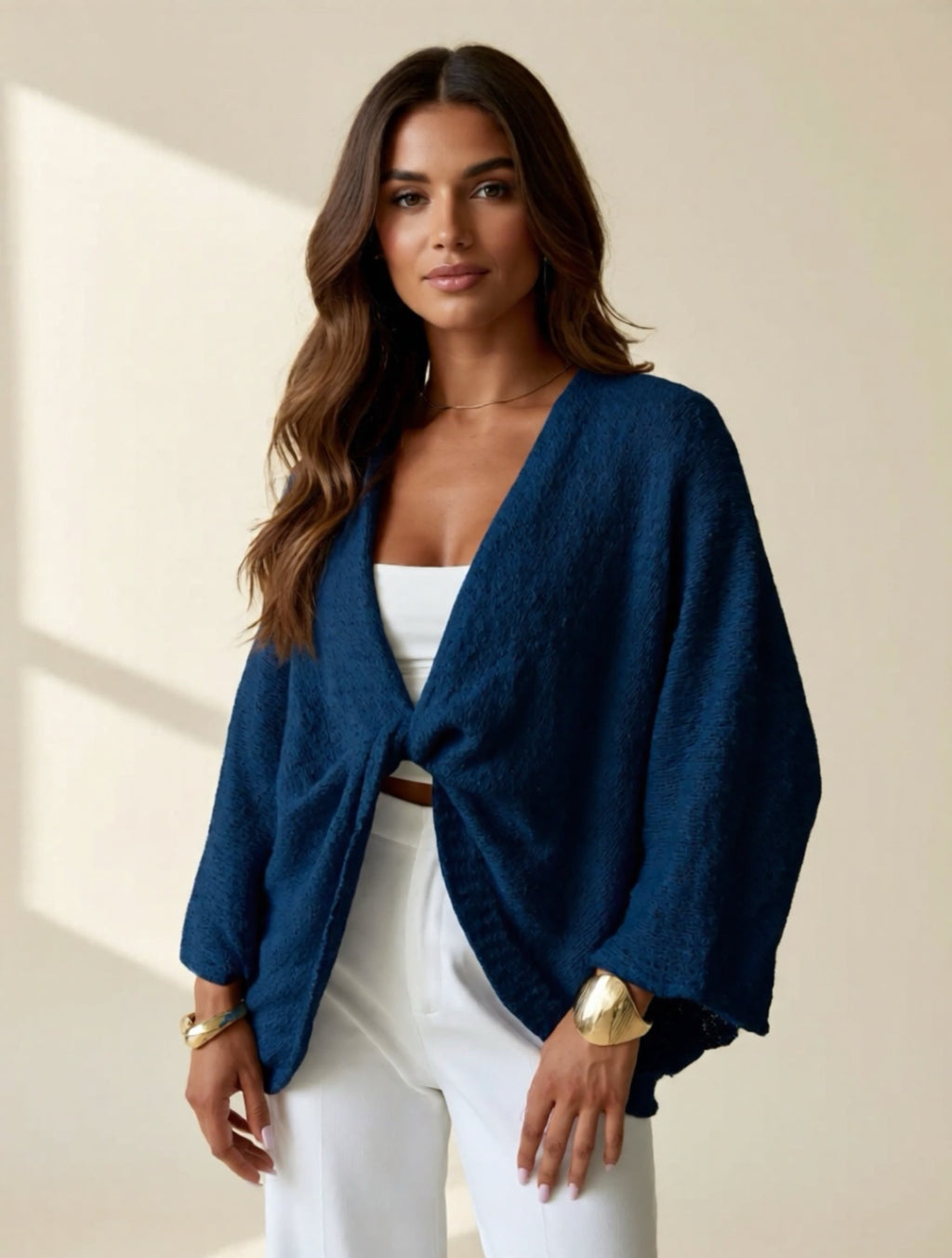 Twist-Front Textured Knit Cardigan