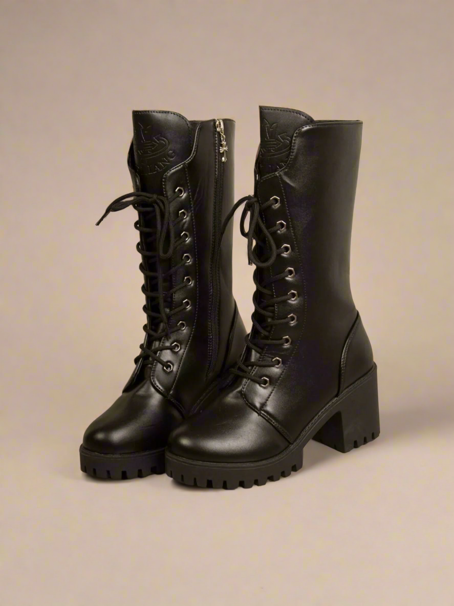 Black Lace Up Block Heel Boots
