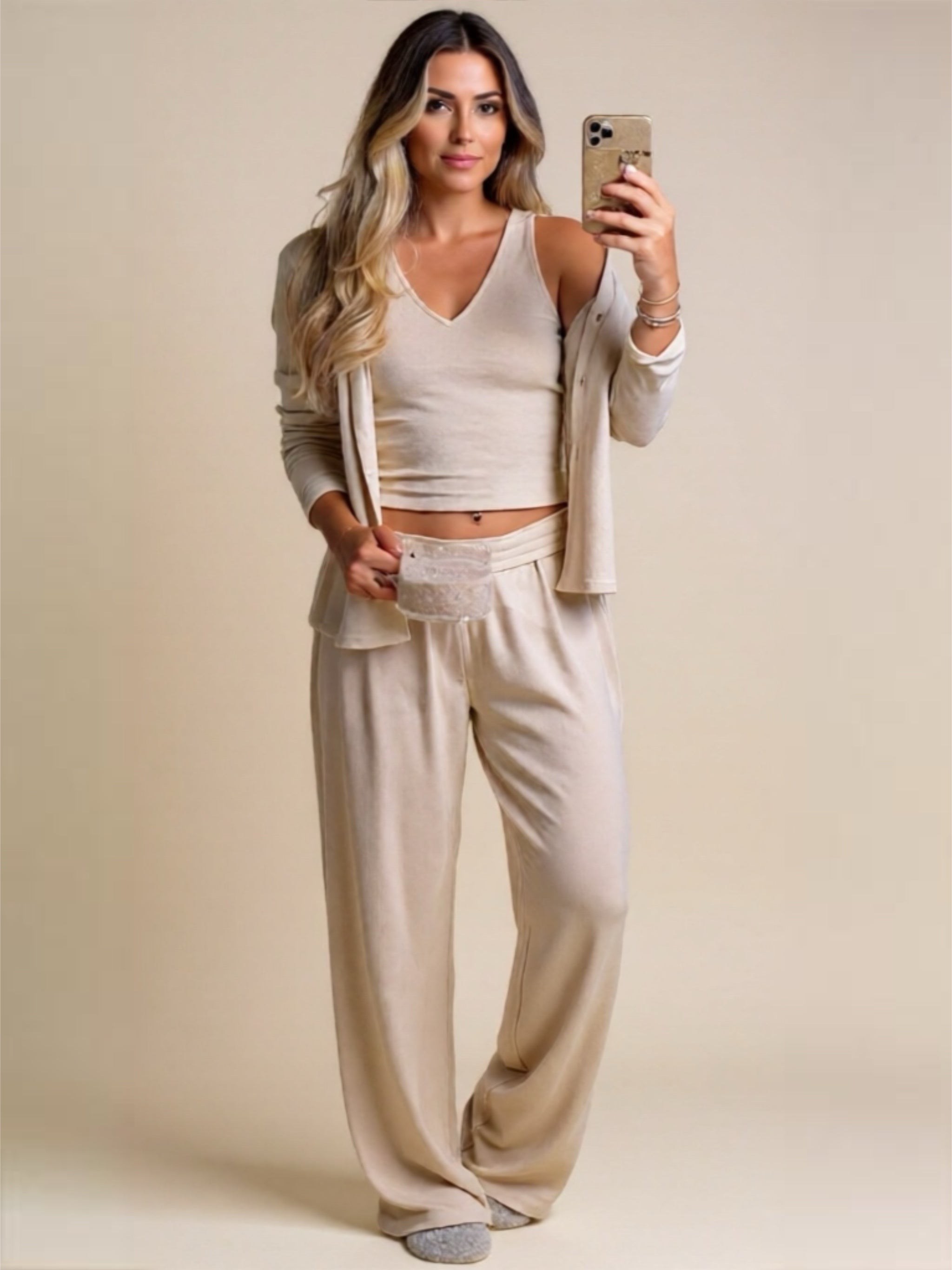 V-Neck Tank, Open Front Cardigan & Pants Lounge Set