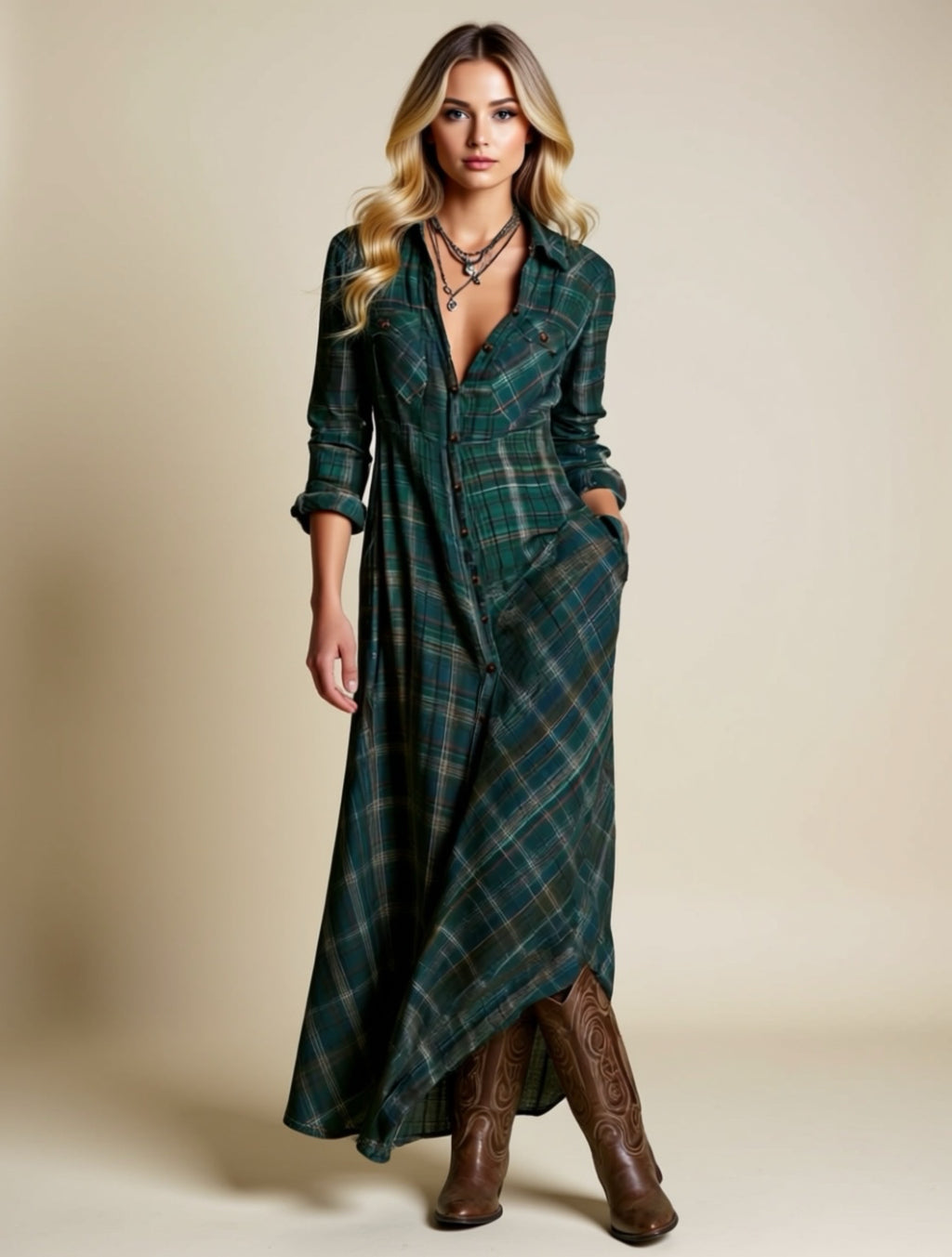 Plaid Button‑Down Maxi Shirt Dress
