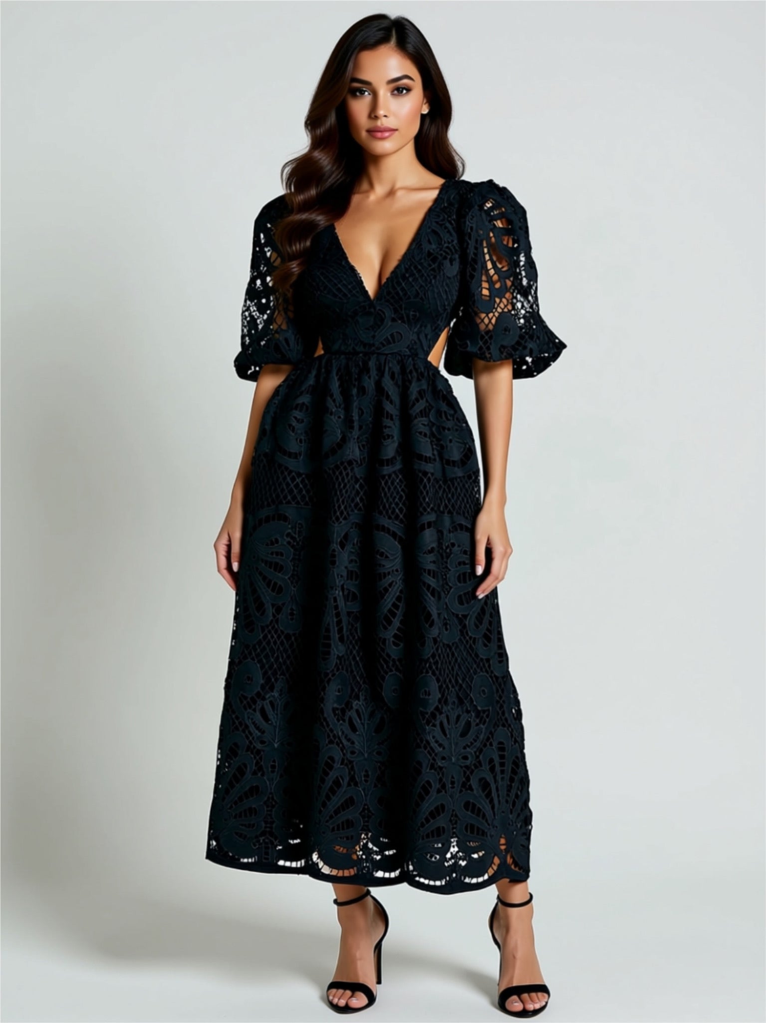 Lace Cutout Puff Sleeve Midi Dress