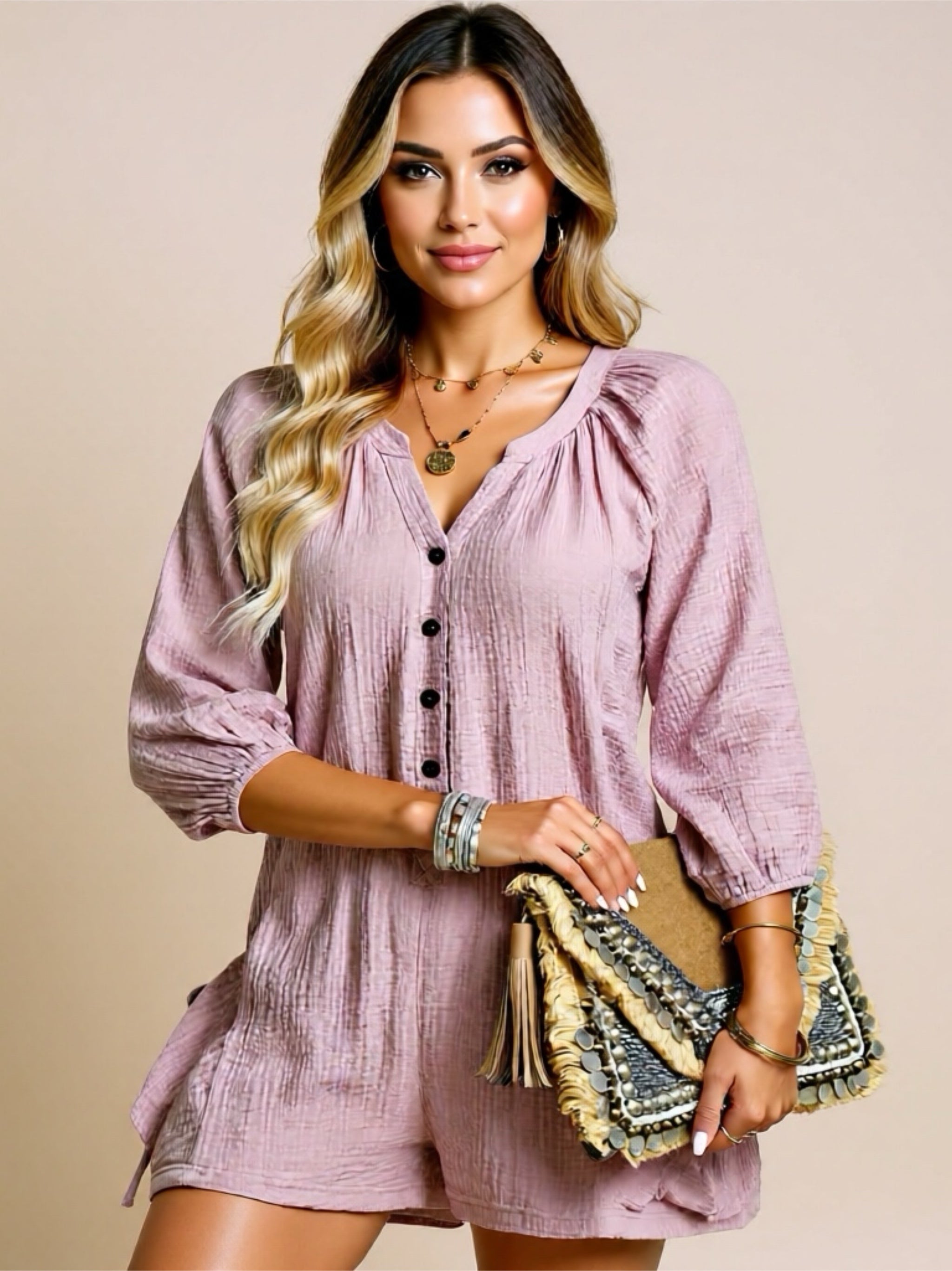 Linen Half Button Romper