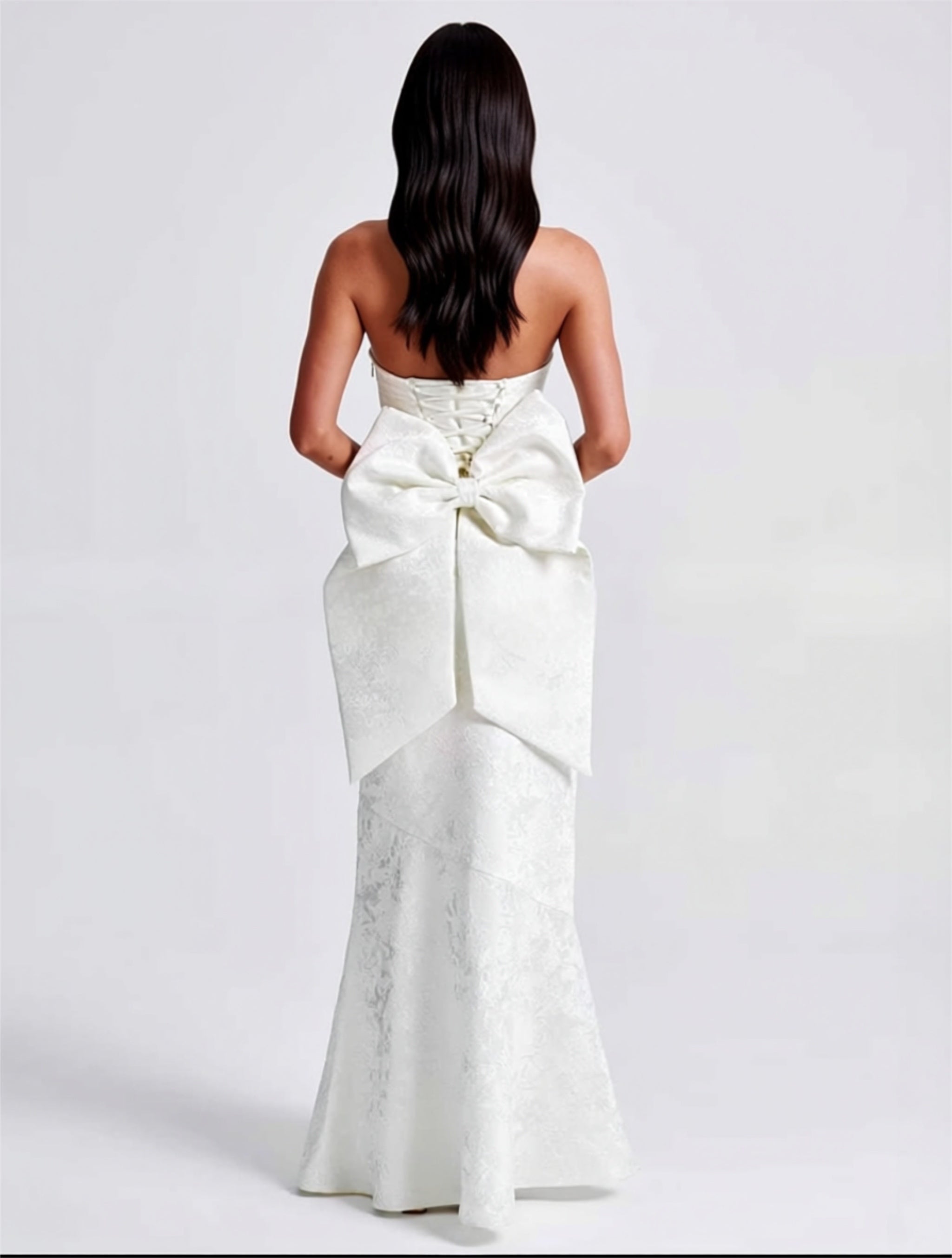 Strapless Jacquard Mermaid Evening Gown with Oversized Back Bow