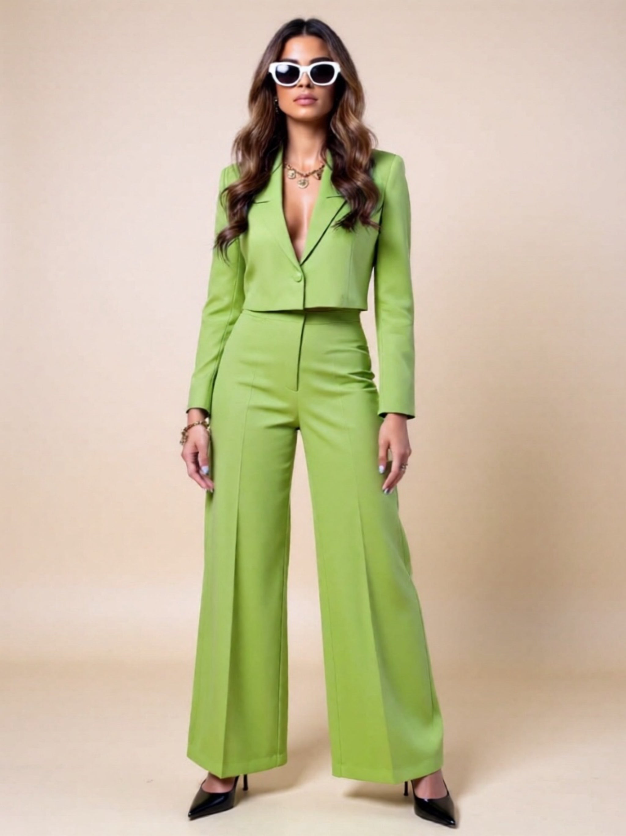 Lapel Collar Cropped Top & Wide Leg Pants Set
