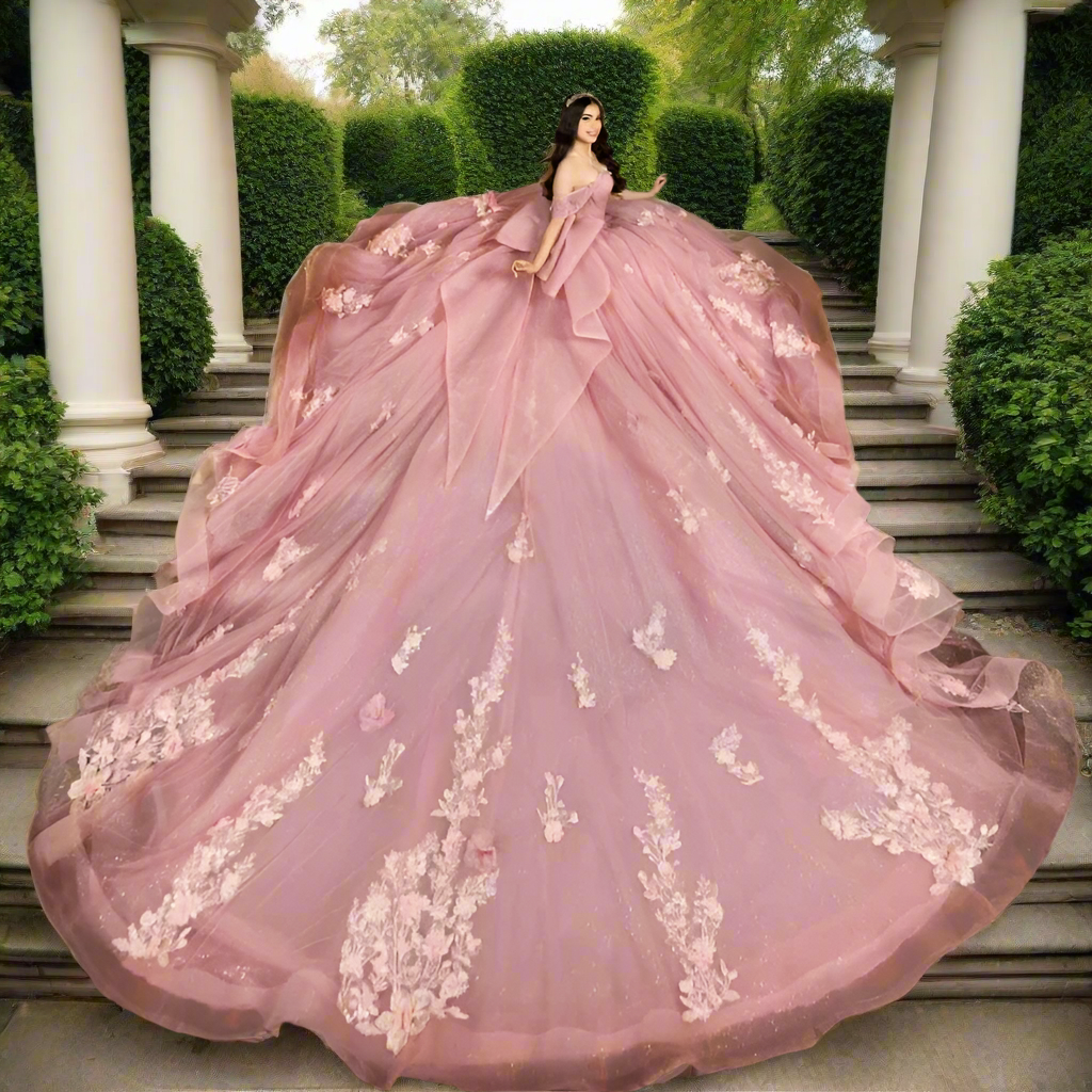 Pink Quinceanera Ball Gown with Lace Flowers & Beading