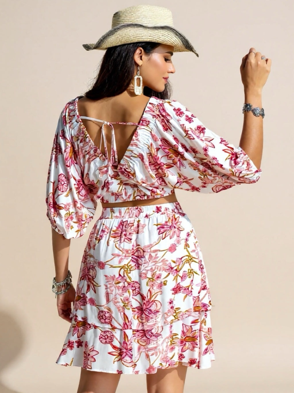 Printed Half Sleeve Top & Layered Skirt Set