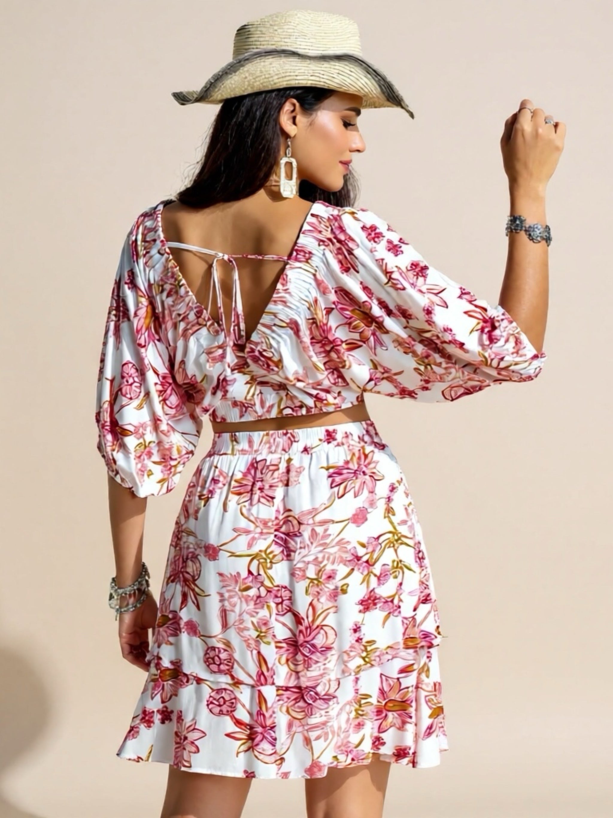 Printed Half Sleeve Top & Layered Skirt Set