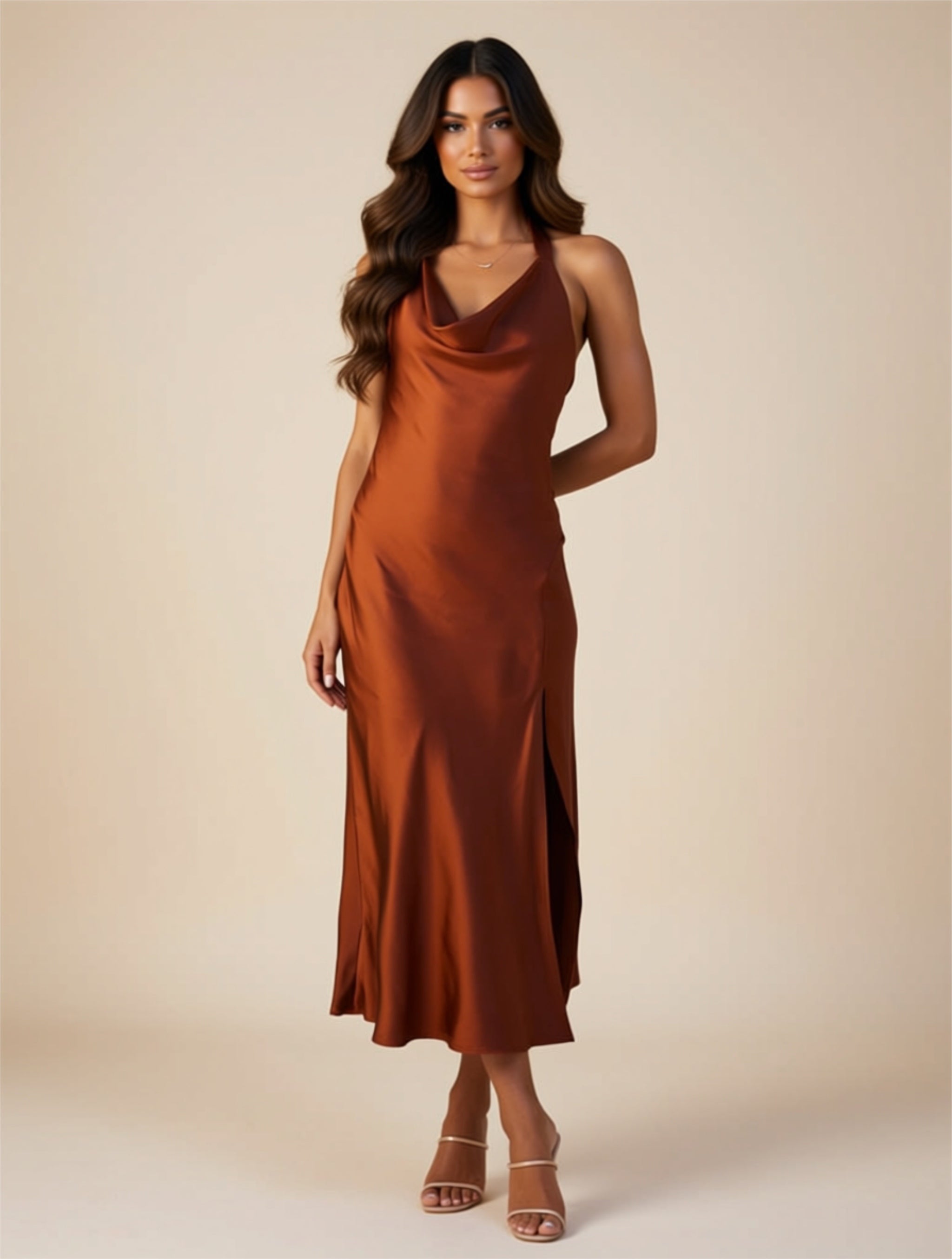 Satin Cowl Neck High‑Slit Midi Dress