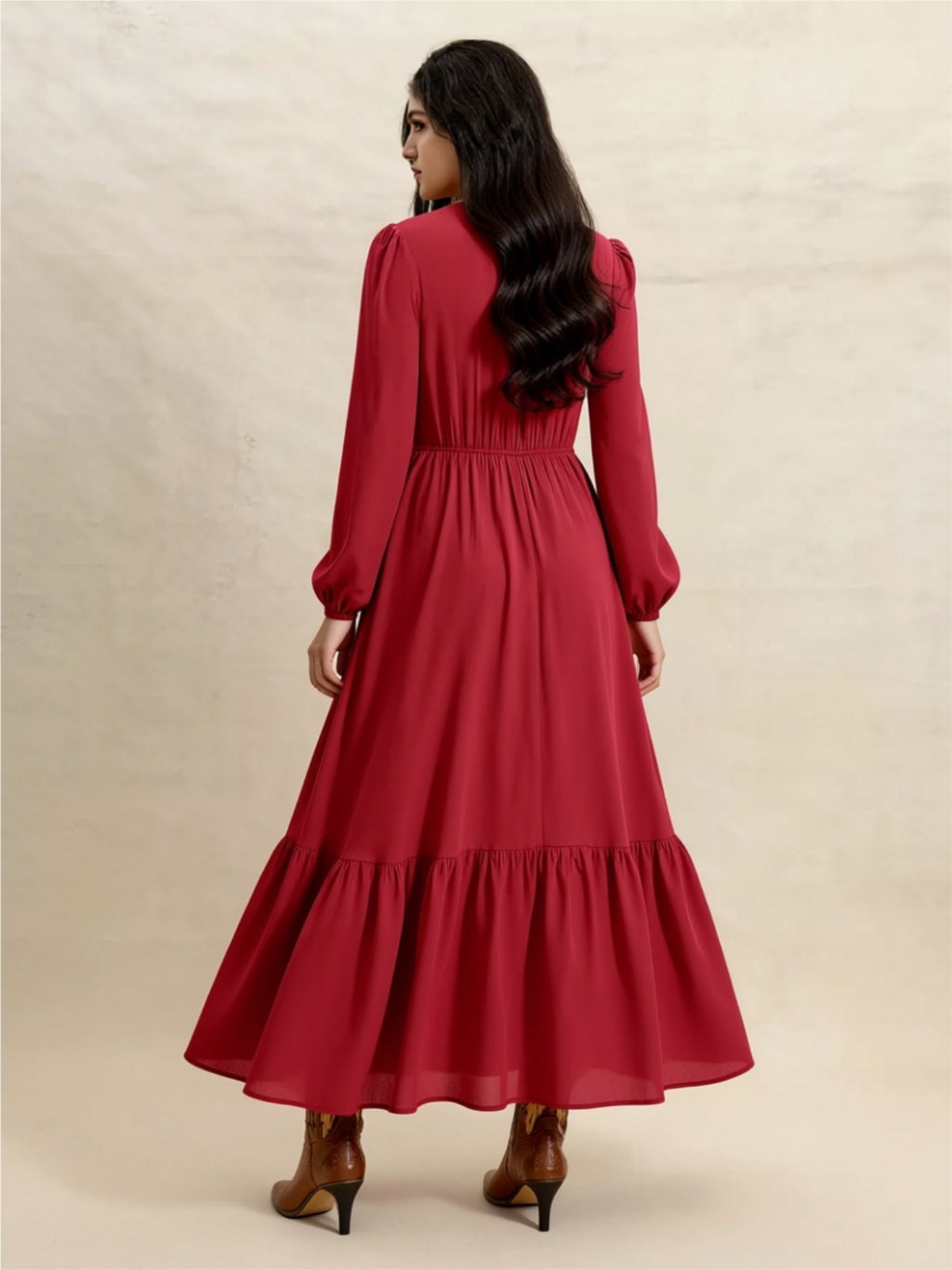 Boho Buttoned Maxi Dress in Deep Red