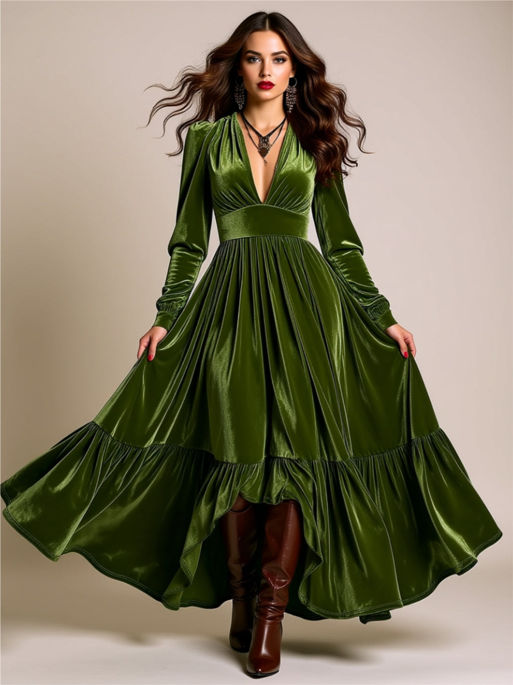 Velvet Long Sleeve Maxi Dress with Ruffled Hem & Deep V-Neck