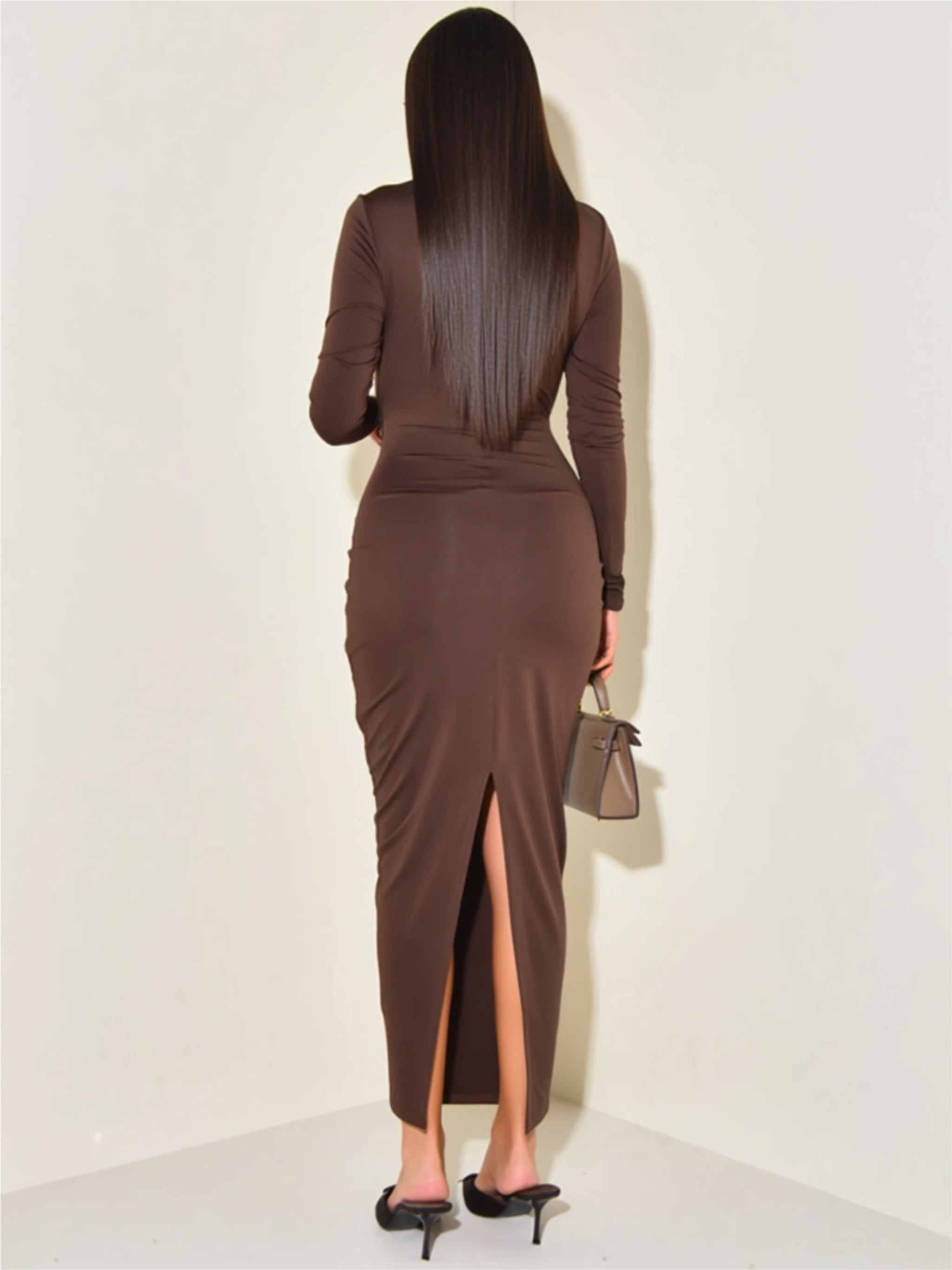 Elegant Long-Sleeve Ruched Maxi Dress with Front Tie Detail & Back Slit