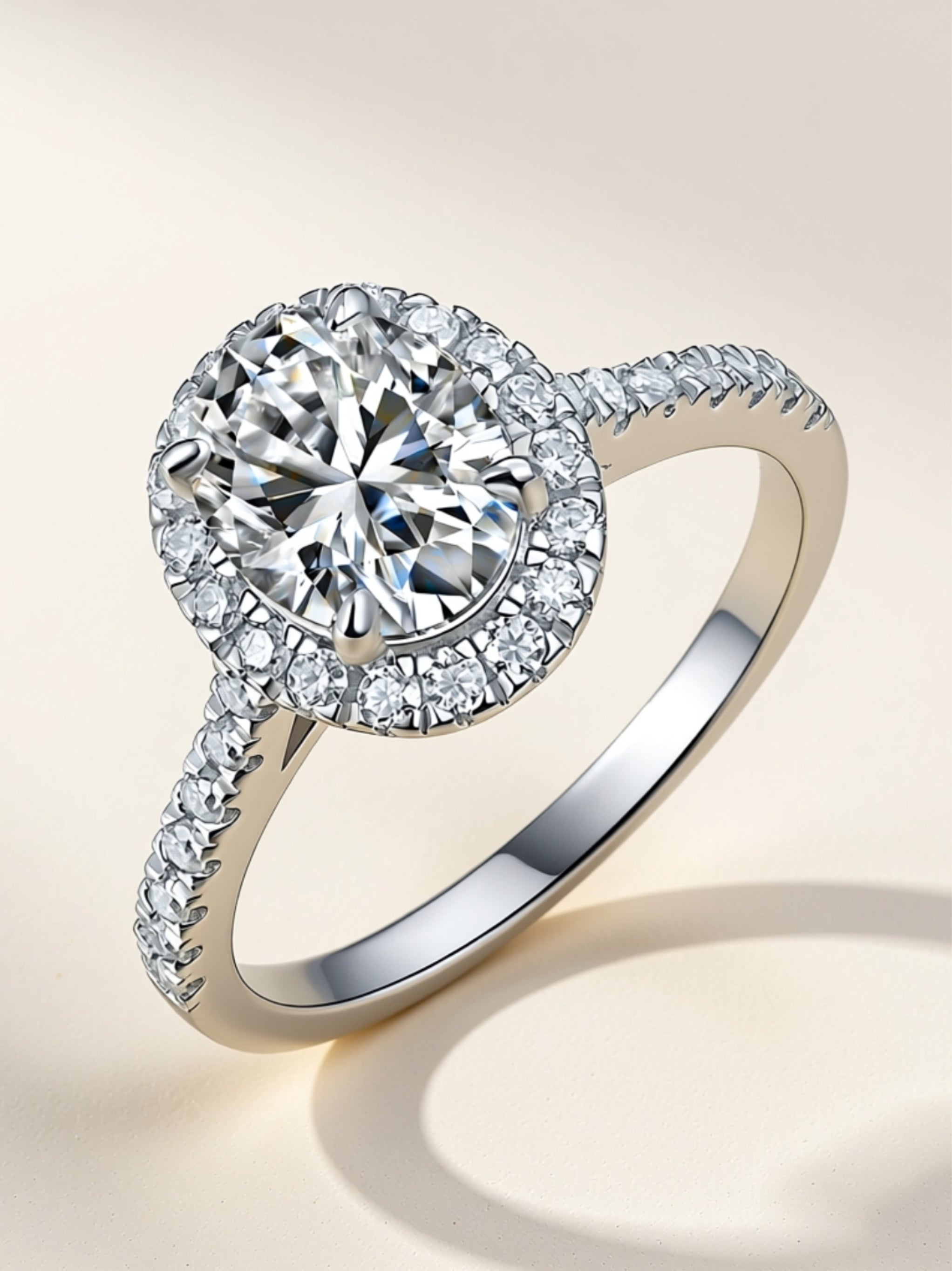 S925 Platinum‑Plated Oval Moissanite Halo Engagement Ring