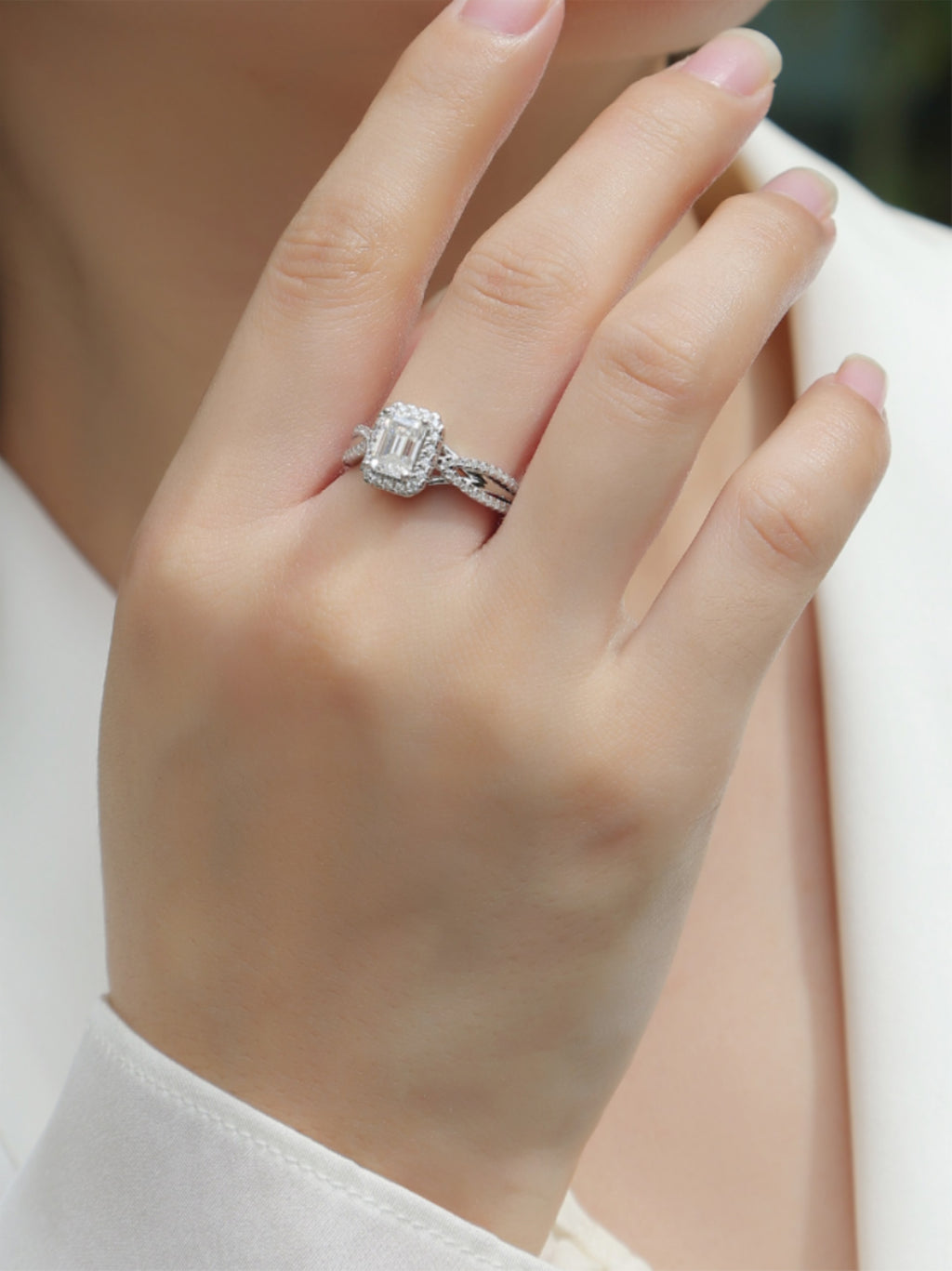 S925 Platinum‑Plated Octagon Moissanite Halo Engagement Ring