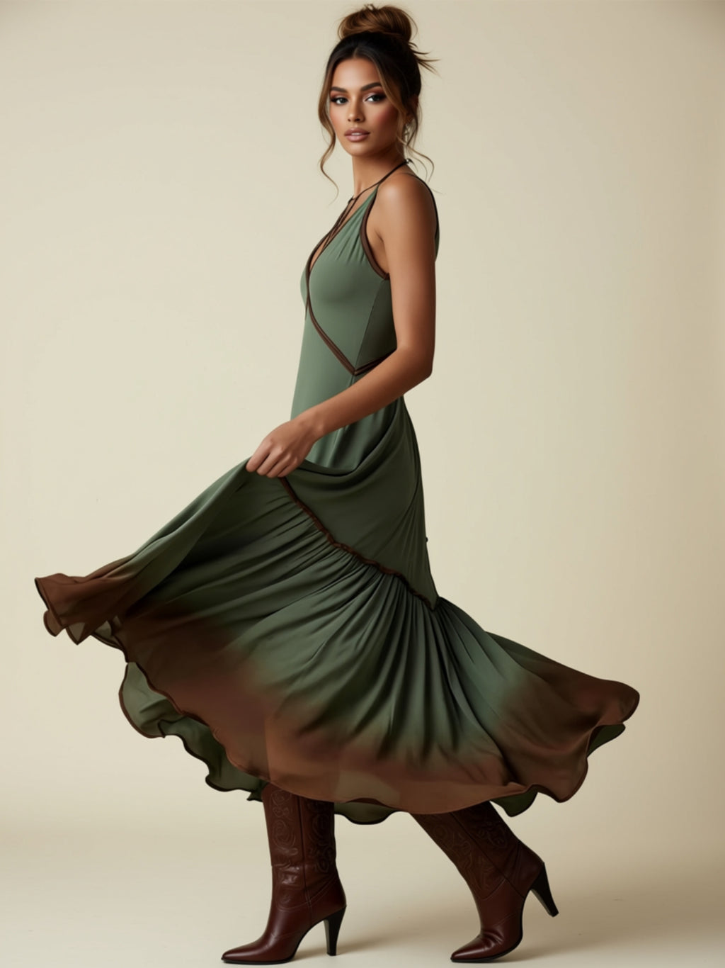 Olive Pleated Midi Flared Dress