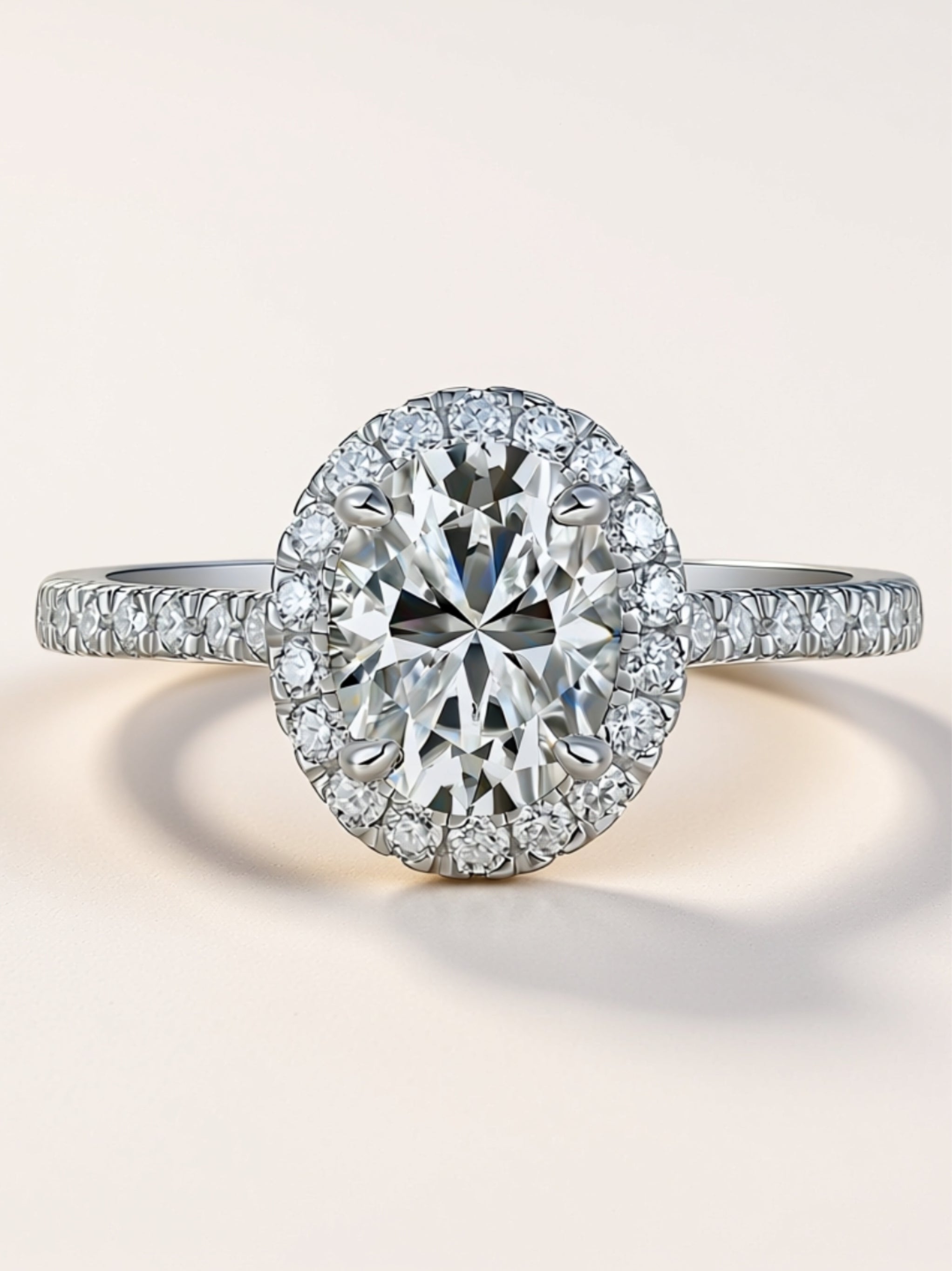S925 Platinum‑Plated Oval Moissanite Halo Engagement Ring