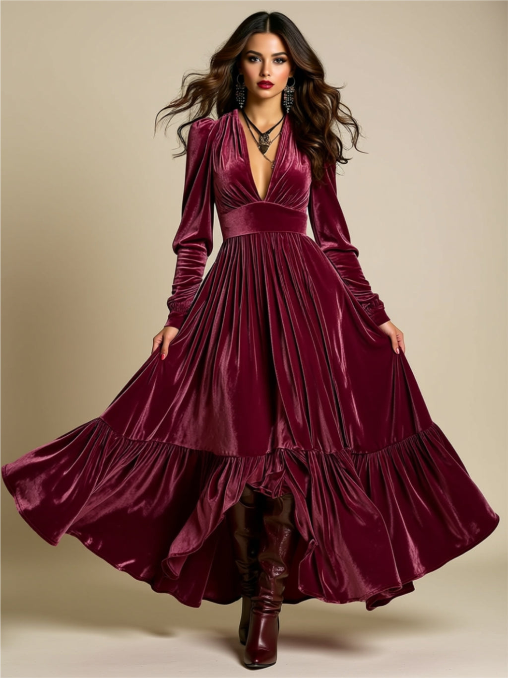 Velvet Long Sleeve Maxi Dress with Ruffled Hem & Deep V-Neck