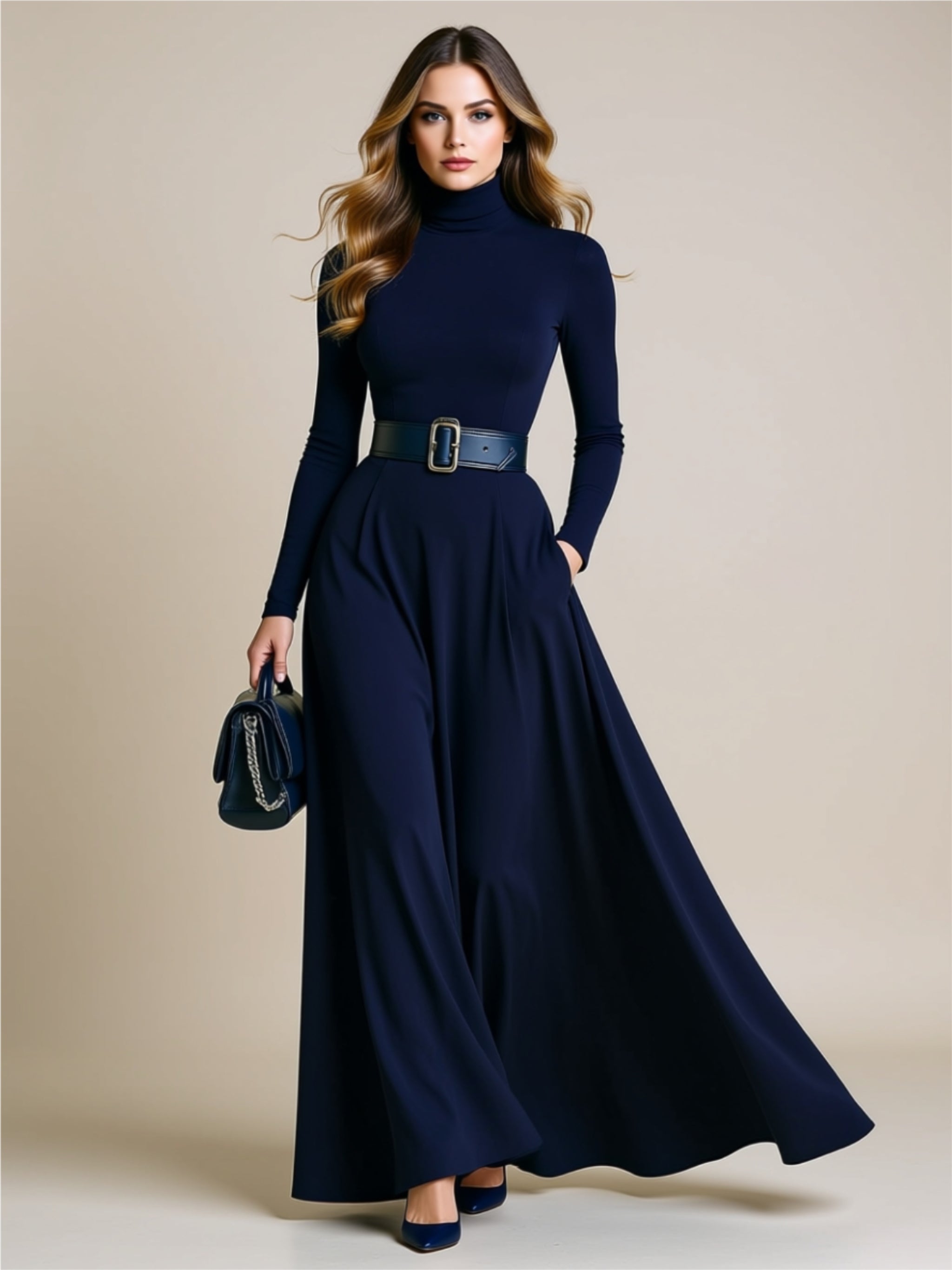 Elegant Long Sleeve Turtleneck Maxi Dress with Pockets
