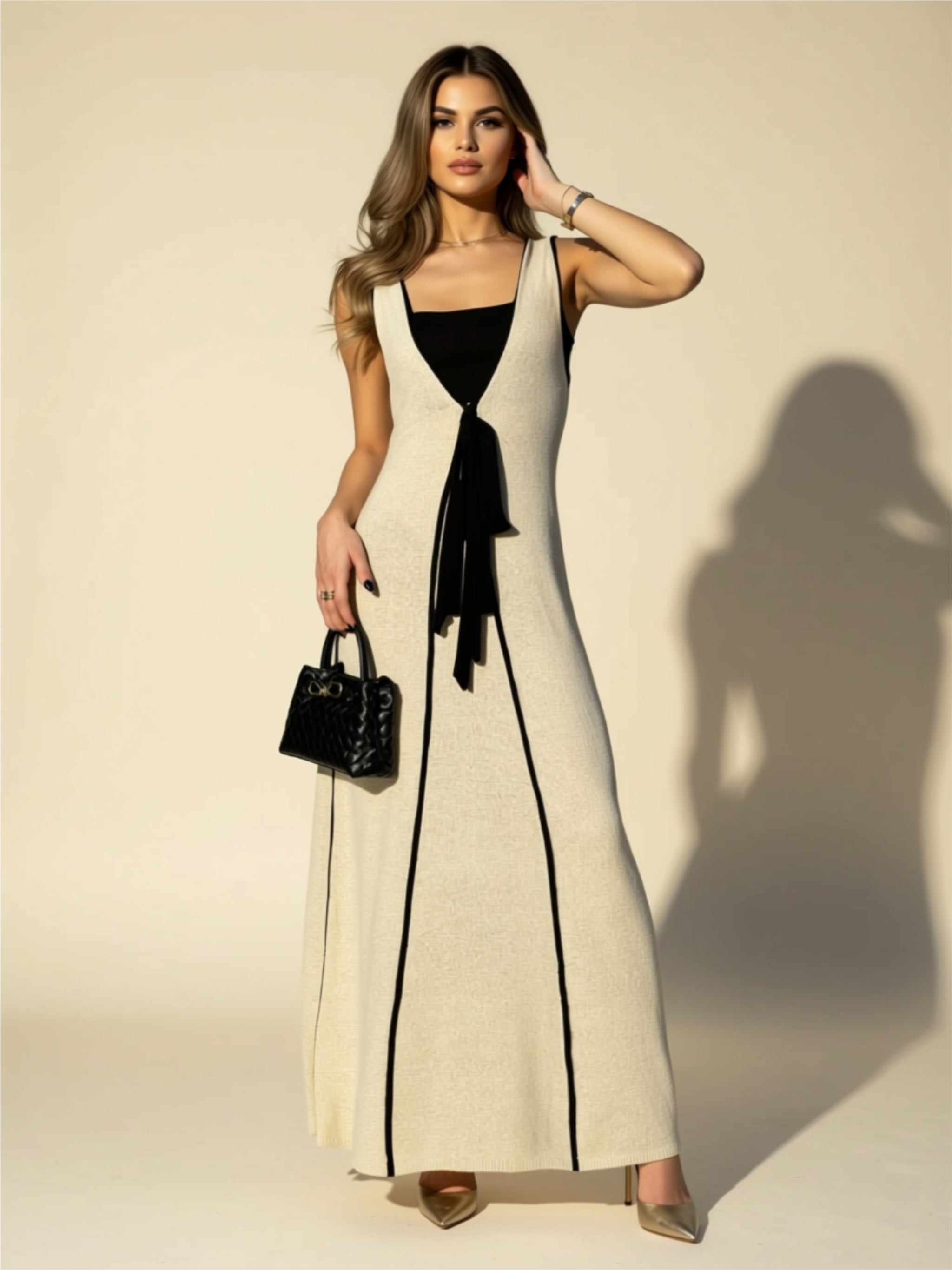 Elegant Two‑Tone Maxi Knit Dress with Tie-Front Detail