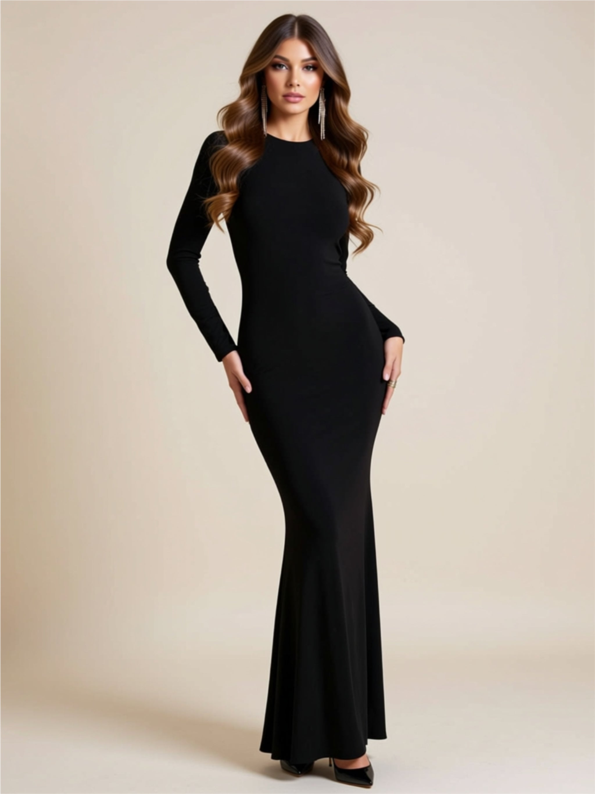 Long Sleeve Bodycon Maxi Dress with Crew Neck