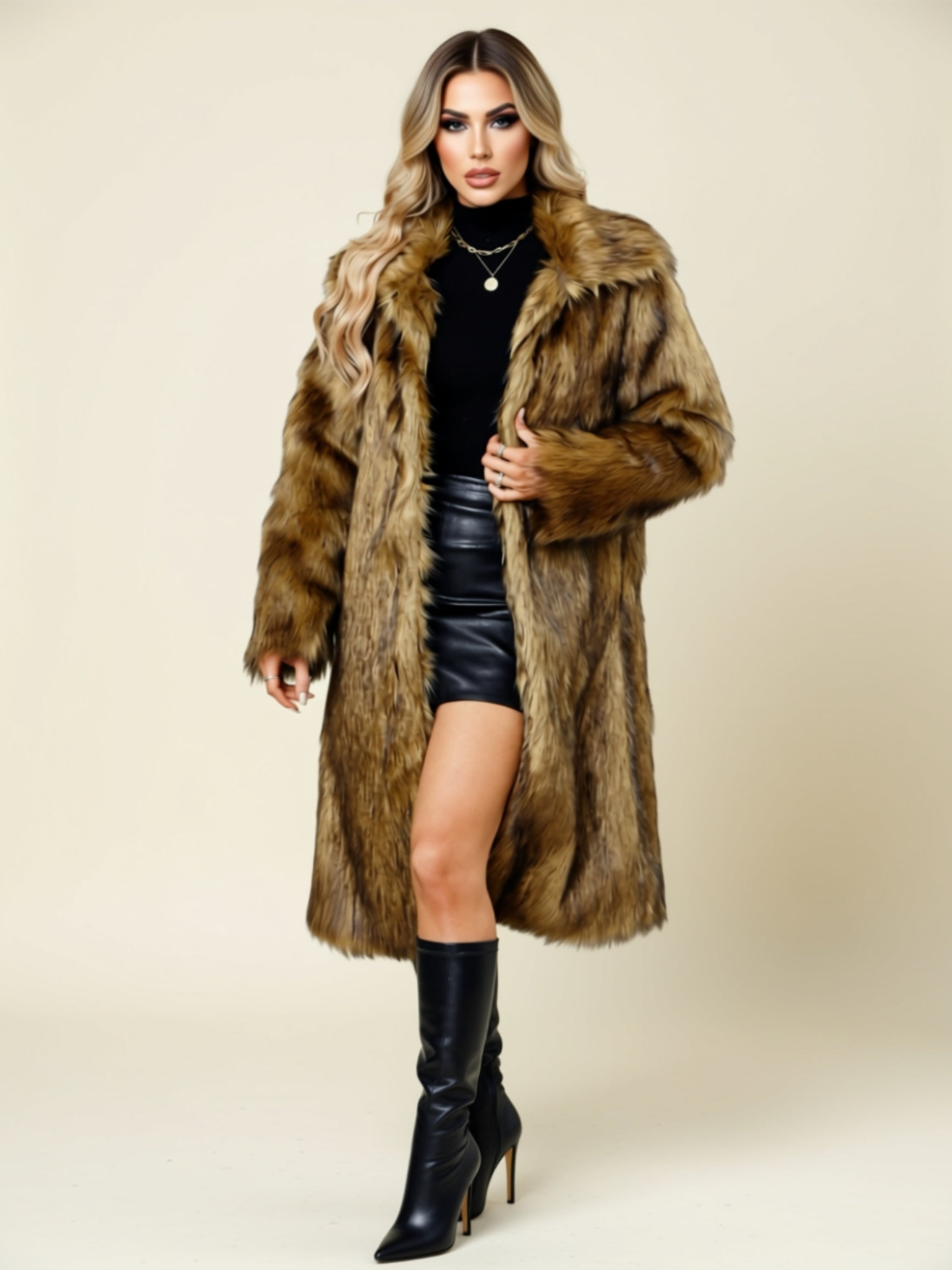 Long Faux Fur Commuter Coat with Pockets